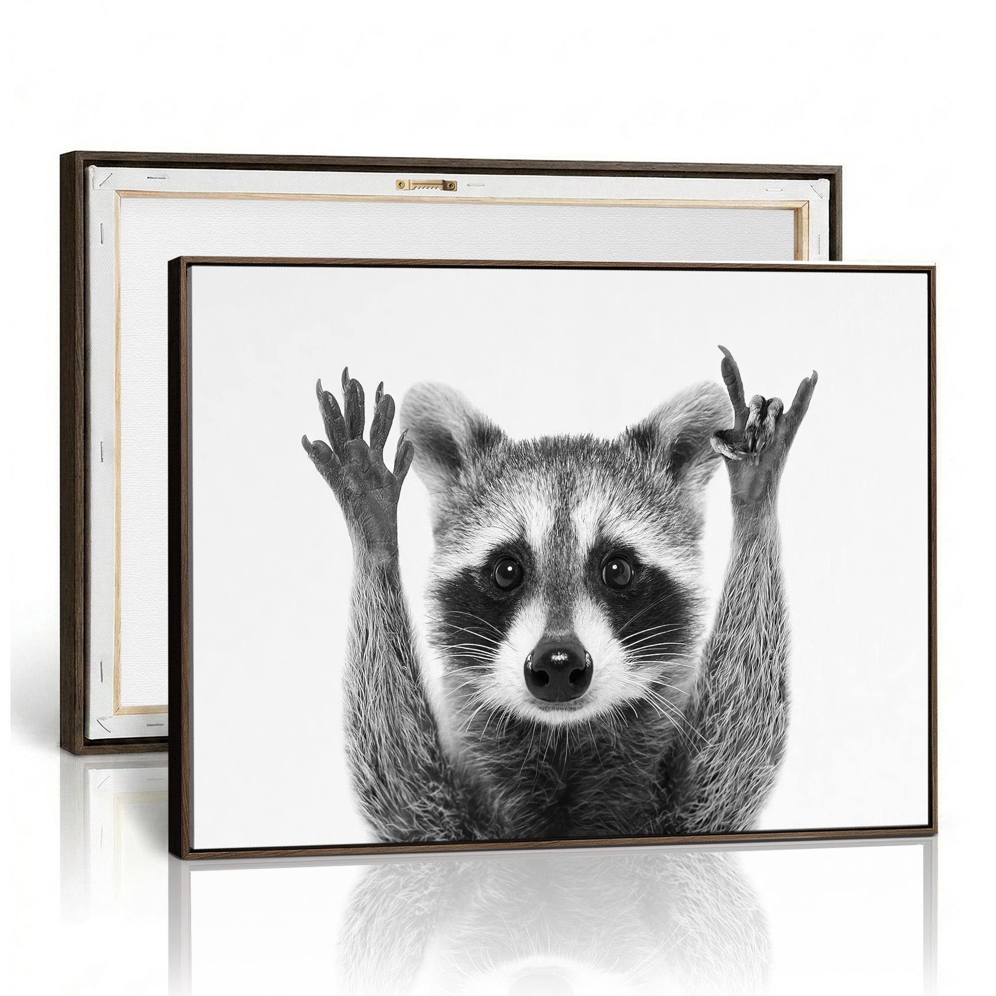 Funny Raccoon Canvas Wall Art, Black White Hands Up Animal Photo Print, Humorous Wildlife Decor, Kids Room Nursery Art, Quirky Animal Gift