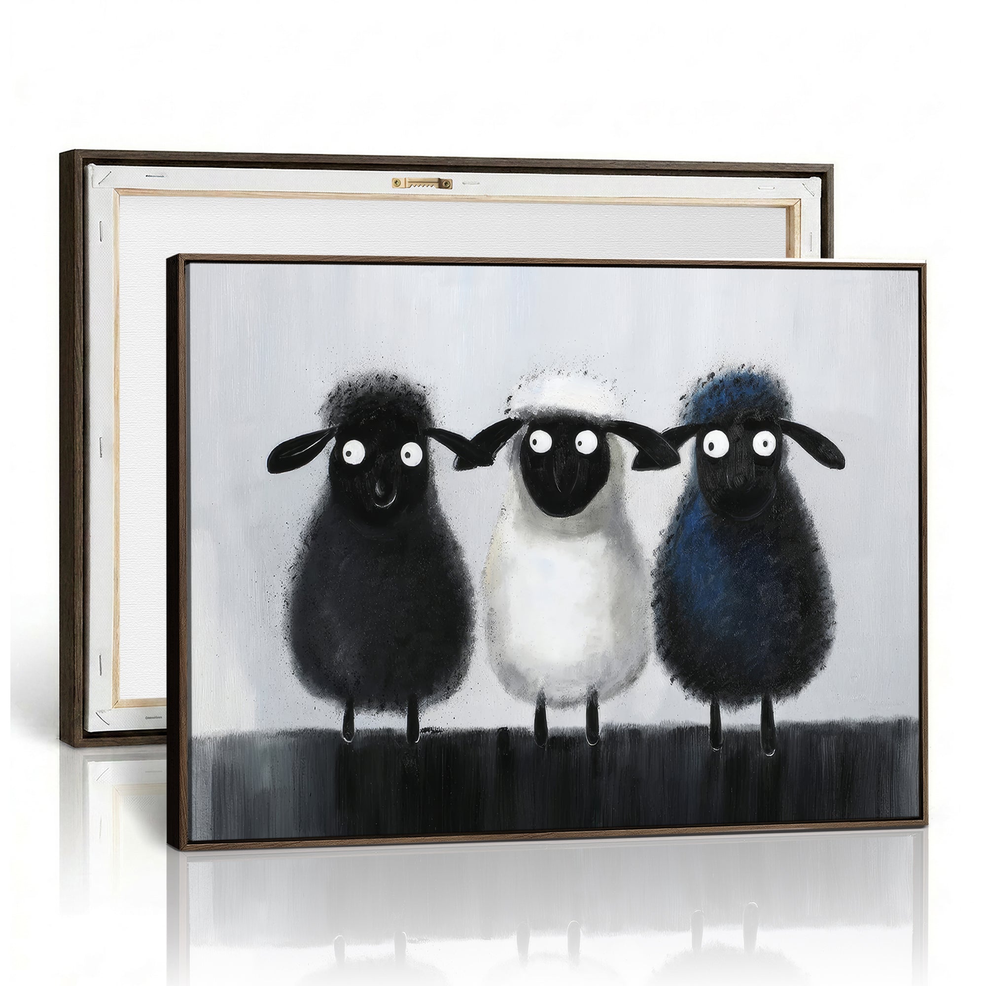 Funny Sheep Canvas Wall Art, Three Quirky Sheep Painting Print, Cute Animal Nursery Decor, Black White Navy Farmhouse Art, Kids Room Gift