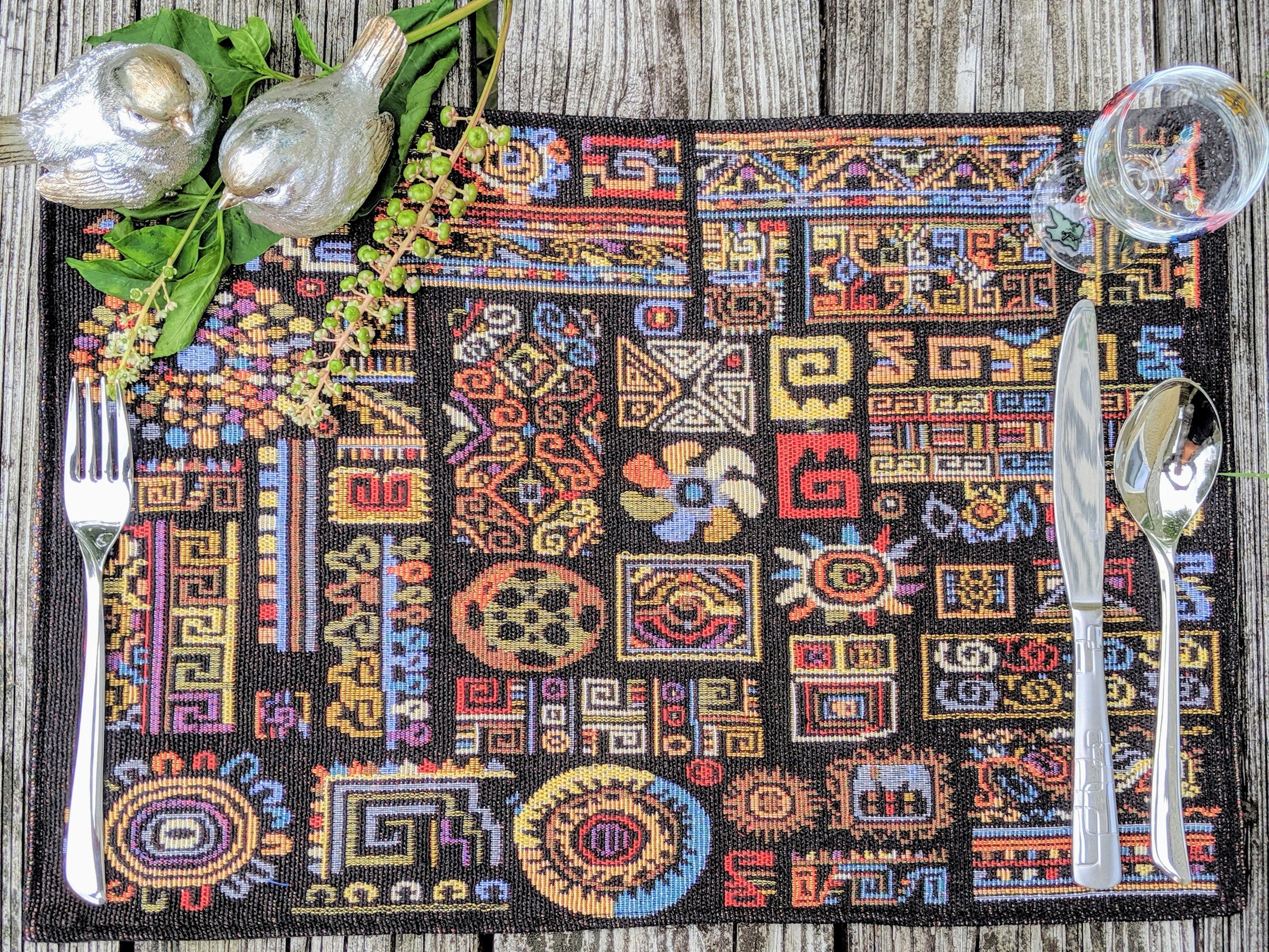 DaDa Bedding Set of 4-Pieces Ethnic Ornaments Geometric Black Tapestry Dining Placemats 13” x 19” (18118)