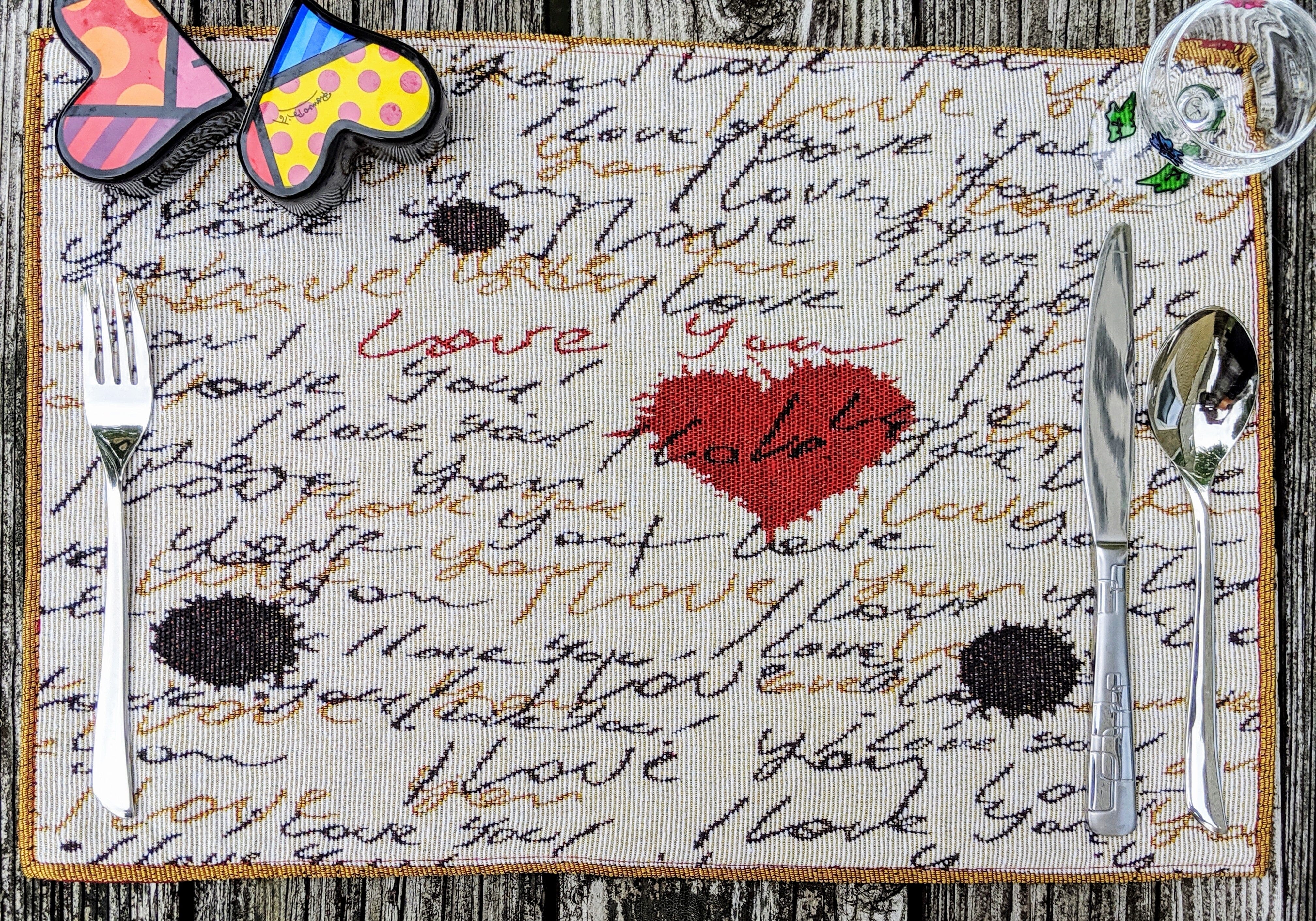 Tache Romantic Valentine’s Love Letter Beige Woven Tapestry Placemat Set (18111)