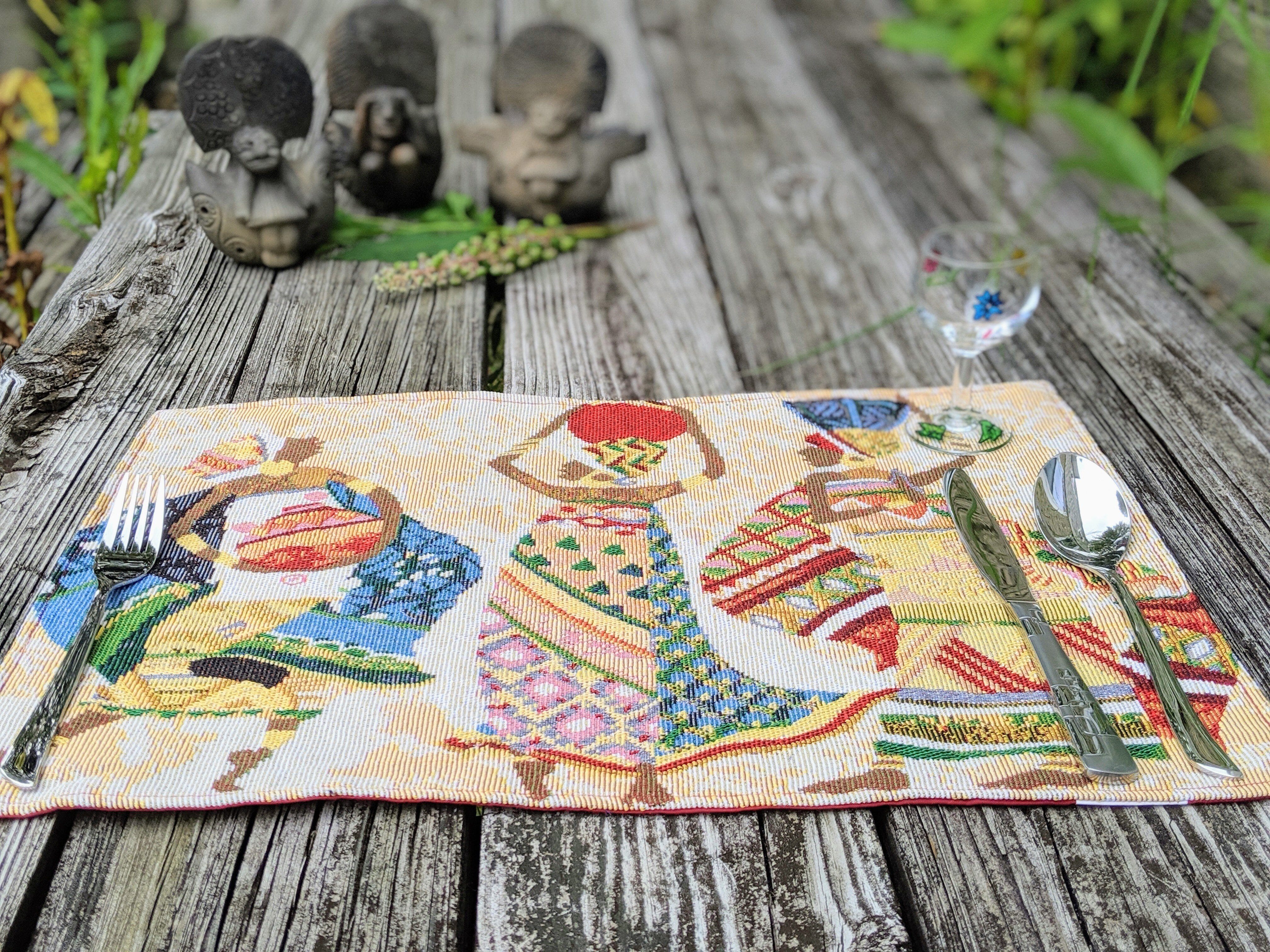 DaDa Bedding Set of 4-Pieces Dancing Women African Kwanzaa Tapestry Dining Table Placemats 13” x 19” (18117)