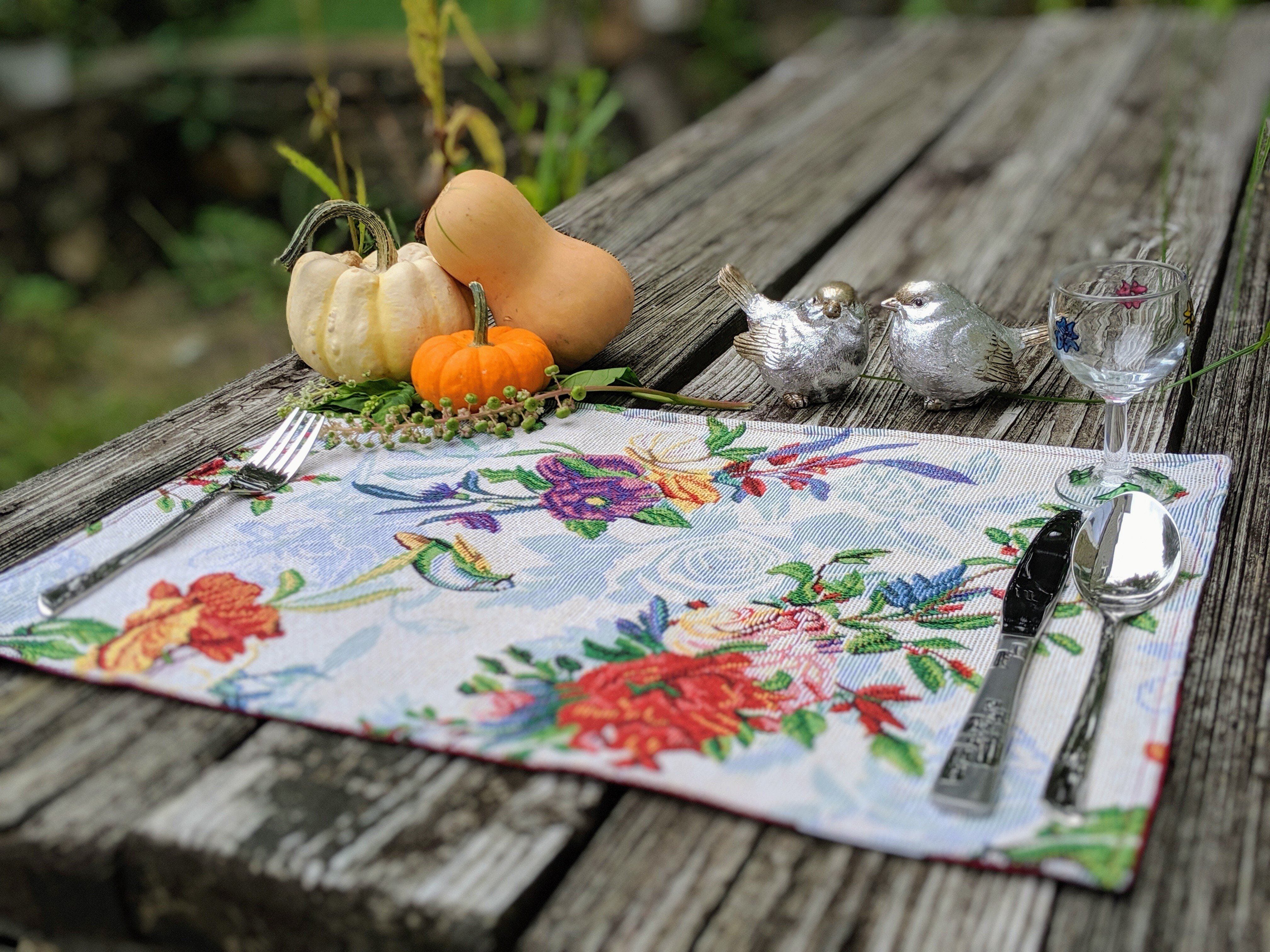 DaDa Bedding Set of 4-Pieces Tropical Sky Blue Birds Floral Tapestry Dining Table Placemats 13” x 19” (18116)