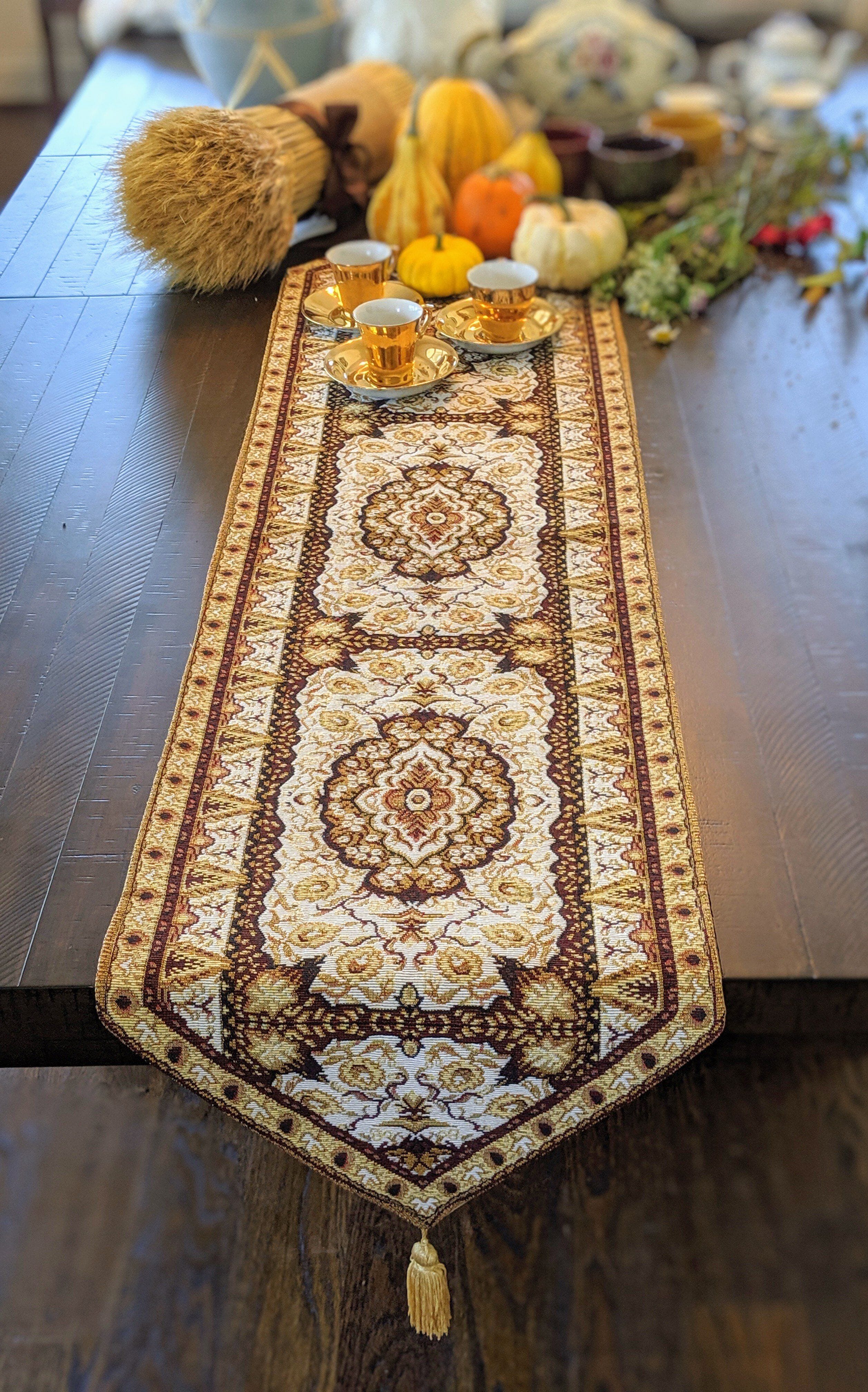 DaDa Bedding Golden Persian Style Rug Floral Brown Elegant Woven Tapestry Dining Table Runner (18119)