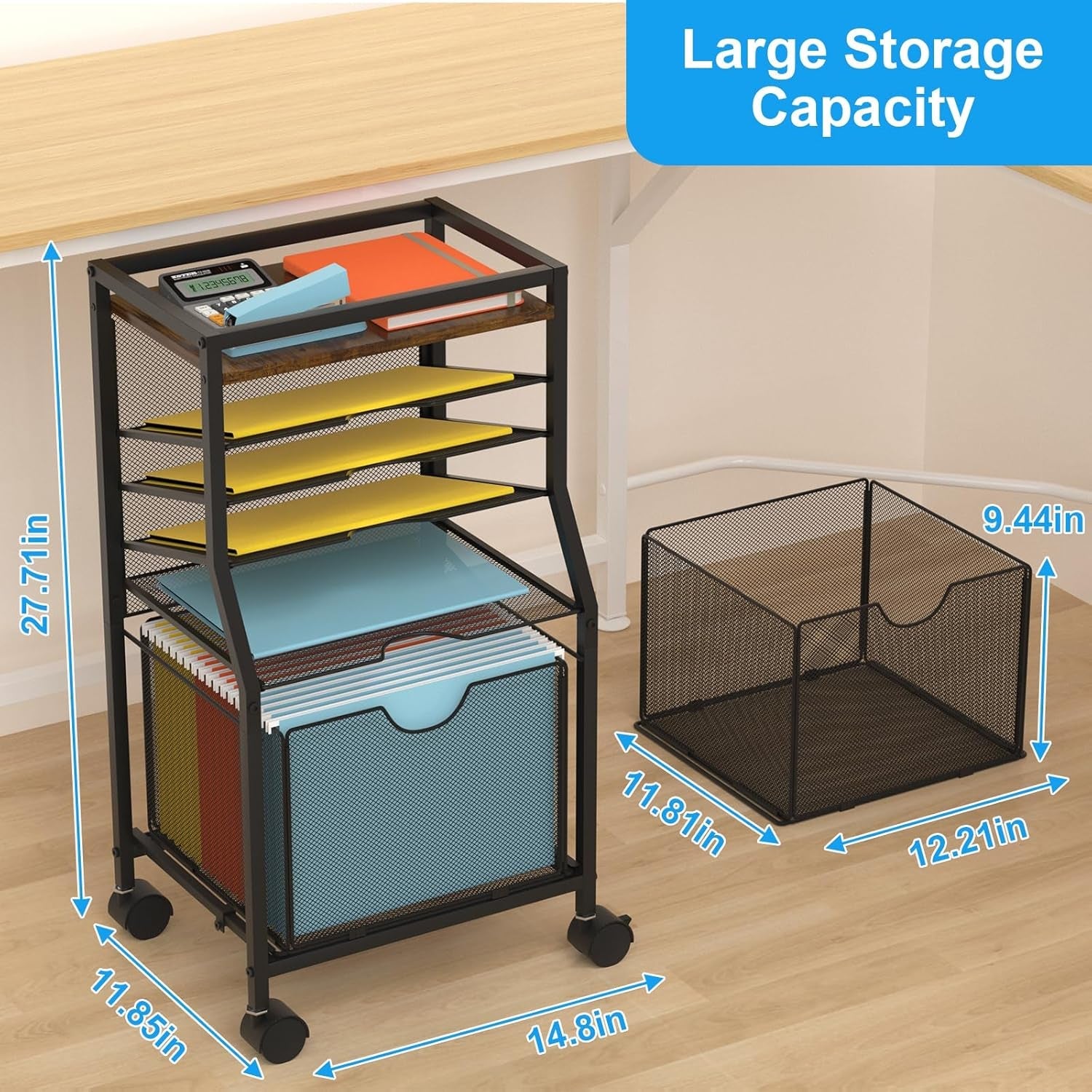 Brown Wood 6 Tier Rolling File Cart With Lockable Wheels
