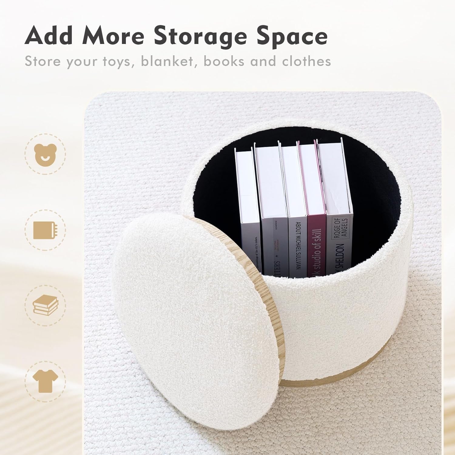 White Velvet Round Storage Ottoman FifteenInches Compact