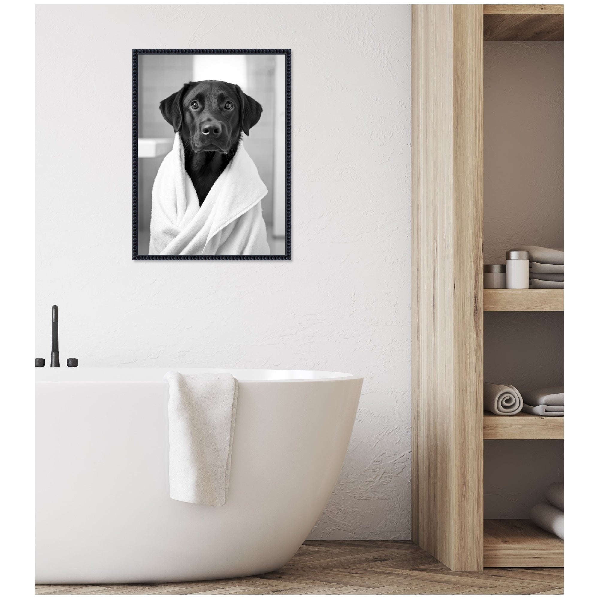 Sylvie Black Lab Bathroom Art Towel Robe Black and White Framed Canvas by The Creative Bunch Studio