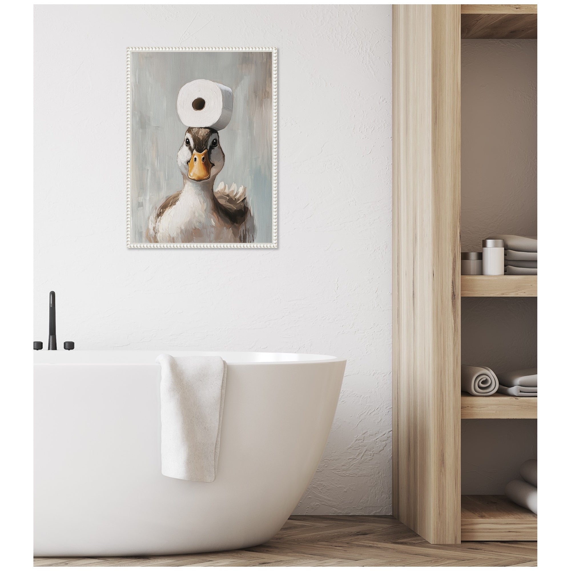 Sylvie Toilet Paper Roll on Ducks Head Bathroom Art Framed Canvas by The Creative Bunch Studio