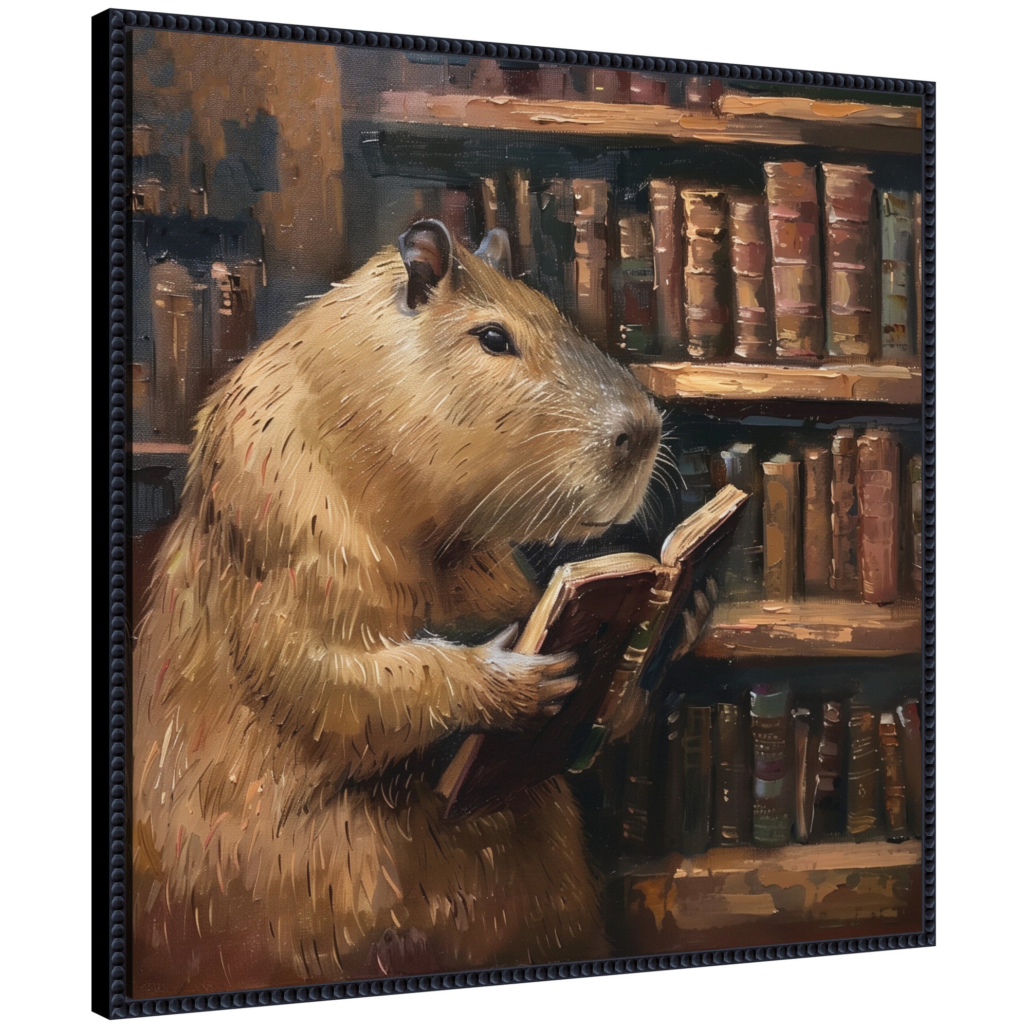 Sylvie Colorful Traditional Capybara Reading in Library Framed Canvas by The Creative Bunch Studio