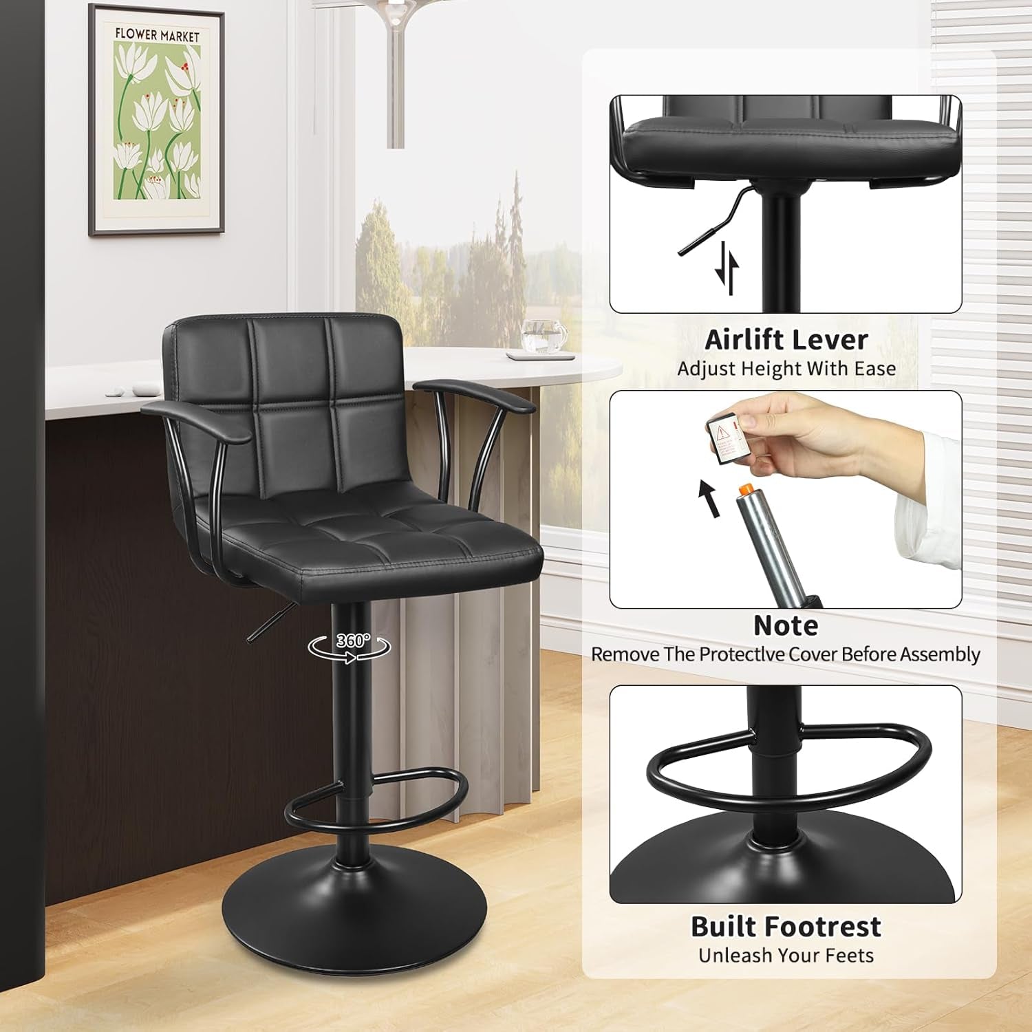 Bar Stools Set Of 2 Adjustable Swivel Black PU Leather Back