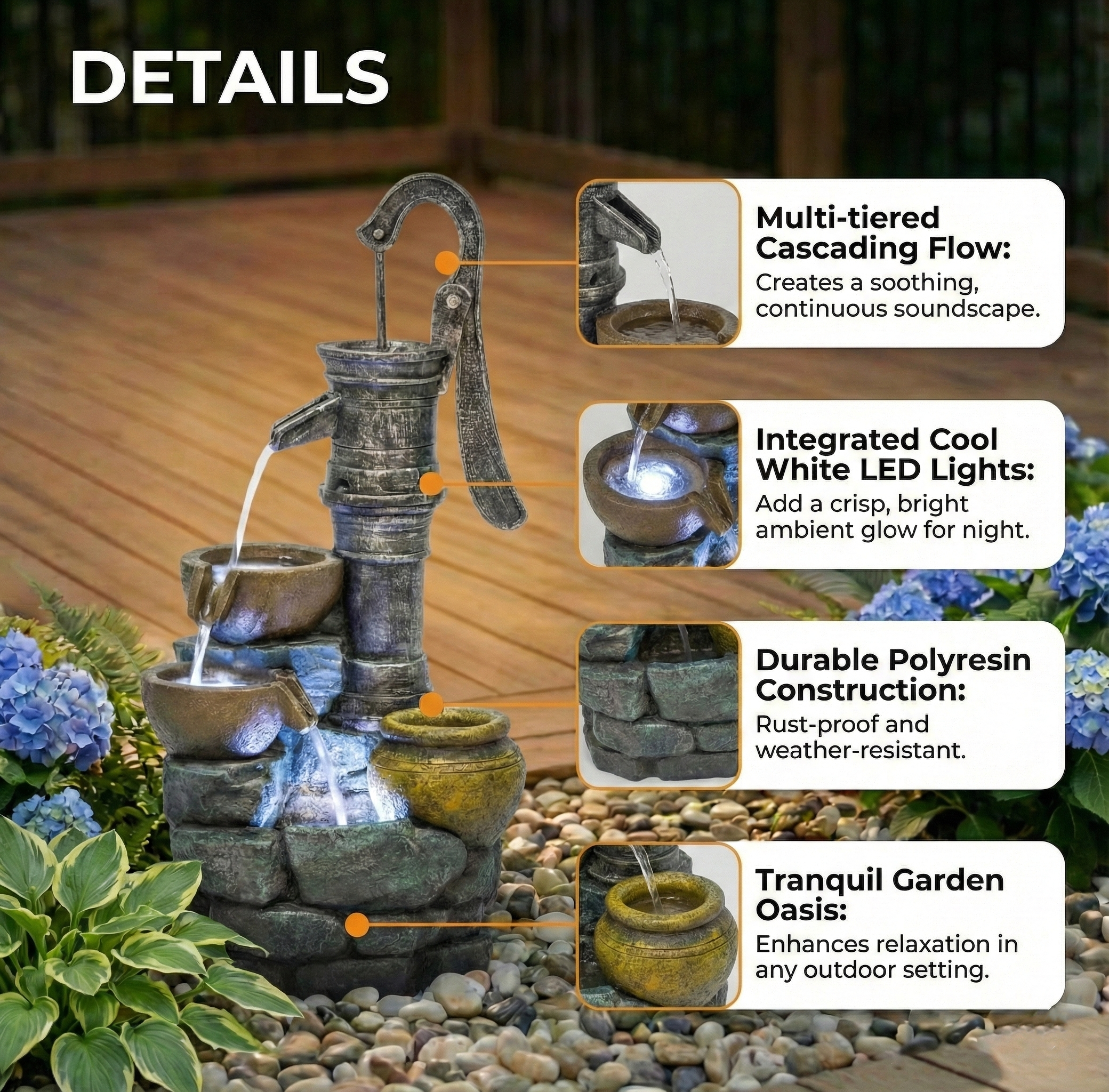 32'' H Large Outdoor Fountain with Vintage Pump