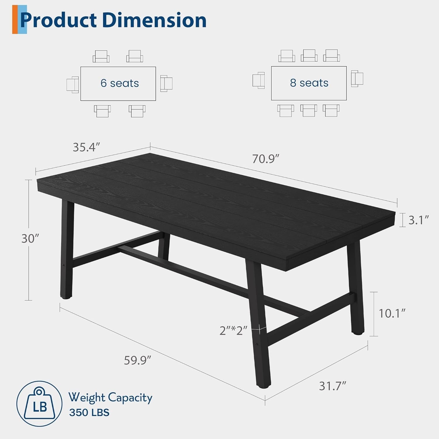 Industrial Wooden Dining Table 70 Inch Long Seats Six To Eight With Steel Frame