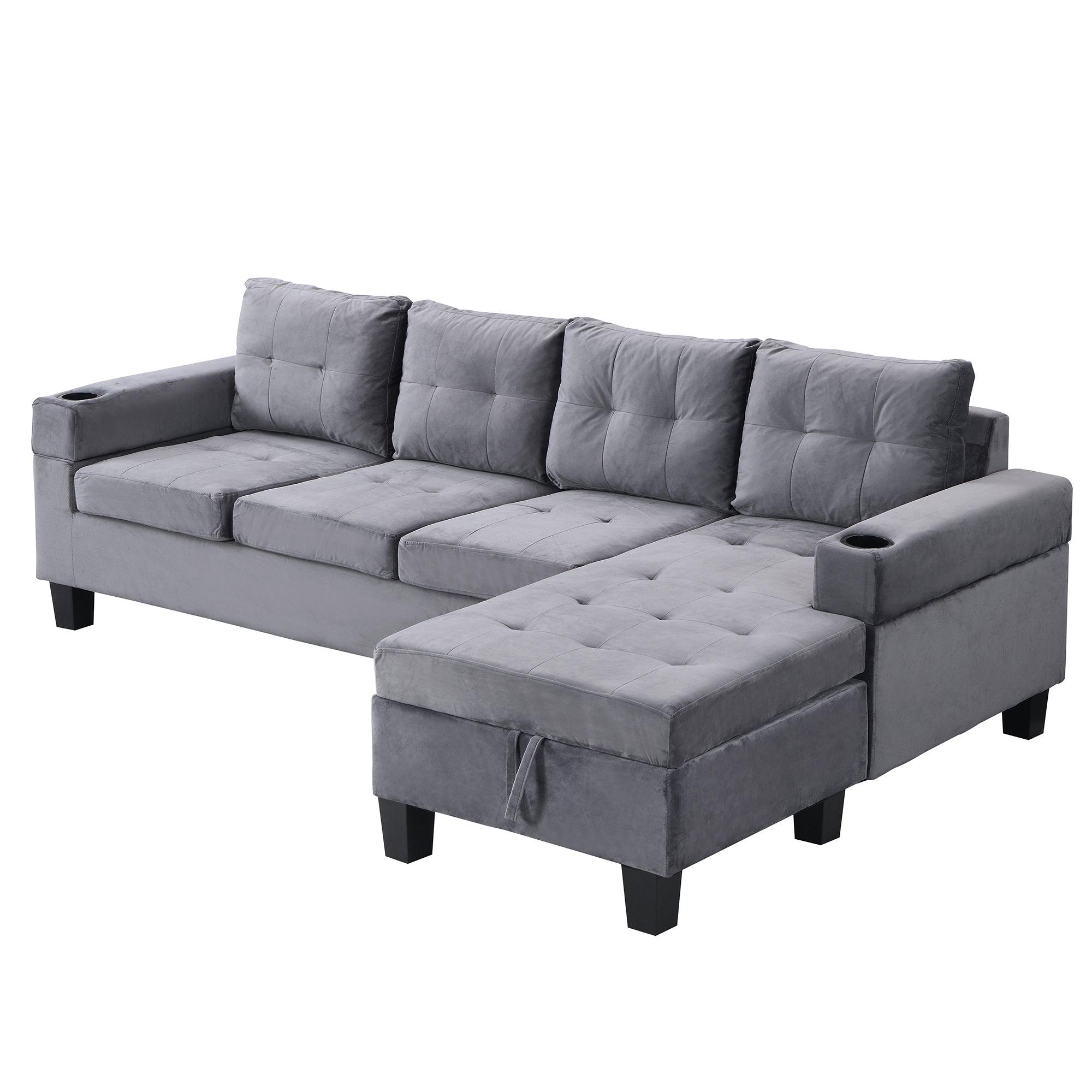 Modern Sectional Sofa Set with L Shape Chaise Lounge and Storage in Grey Velvet Fabric