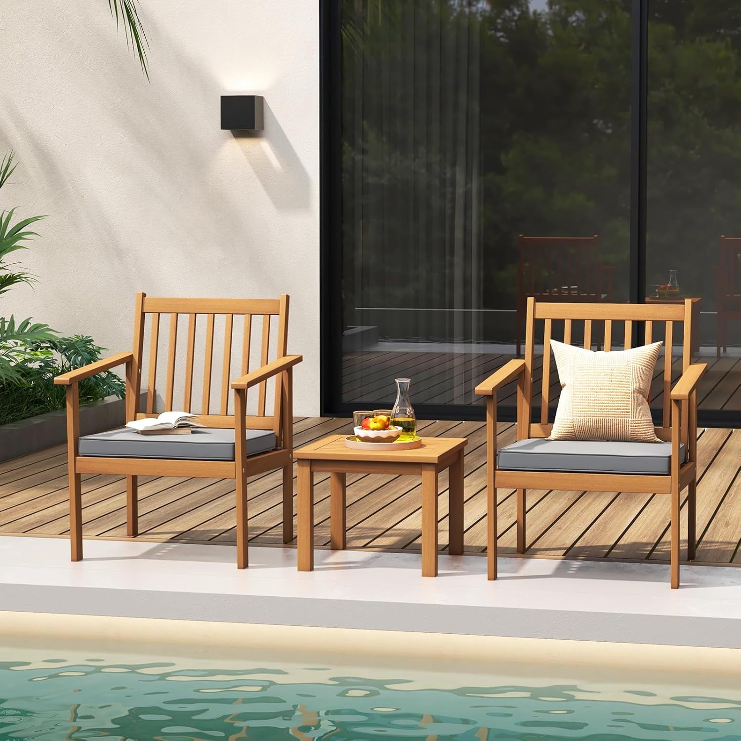 3 Piece Patio Wood Furniture Set With Acacia Wood Chairs And Coffee Table Cushions Slatted Grey Outdoor Set