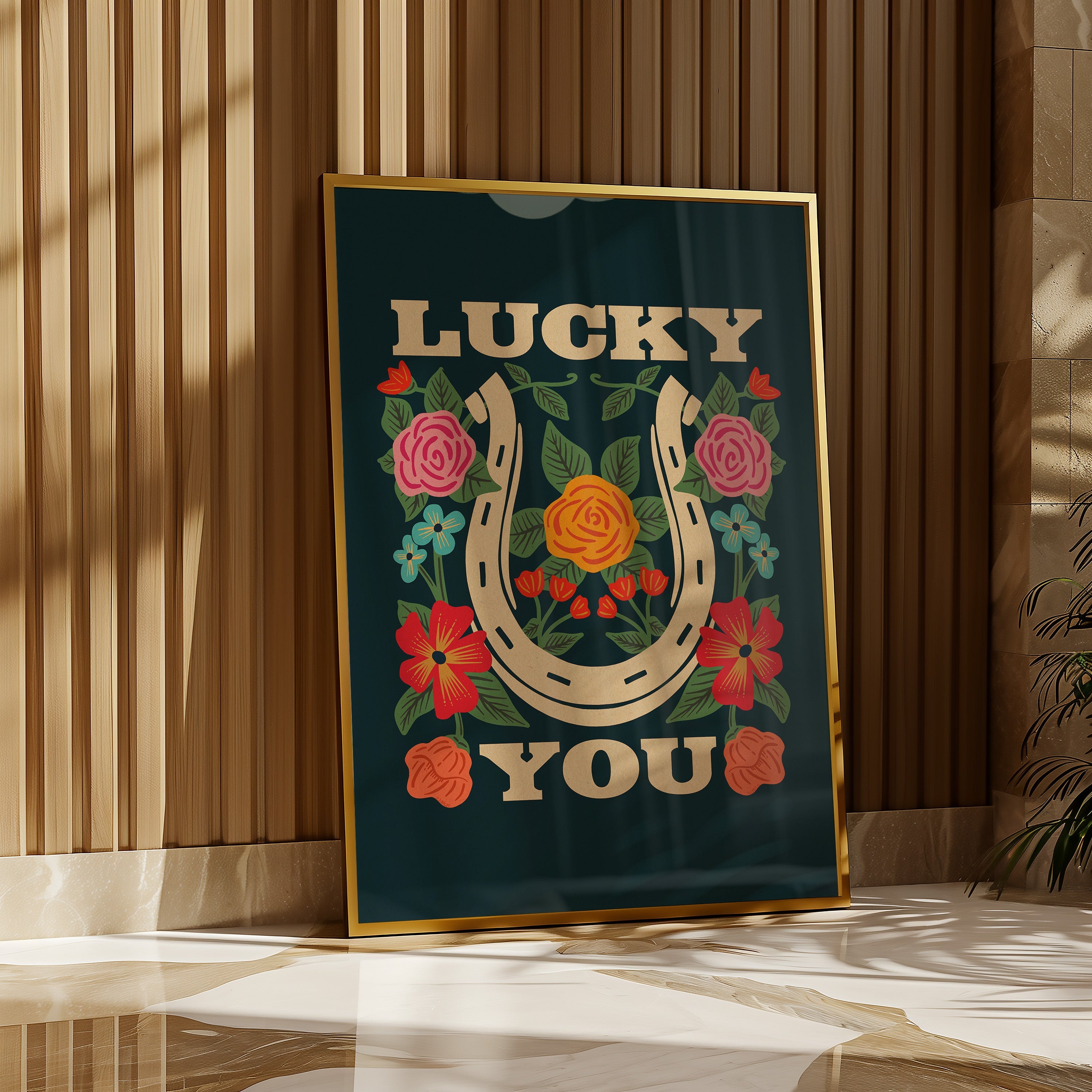 Lucky You Floral Horseshoe Art Print - Navy