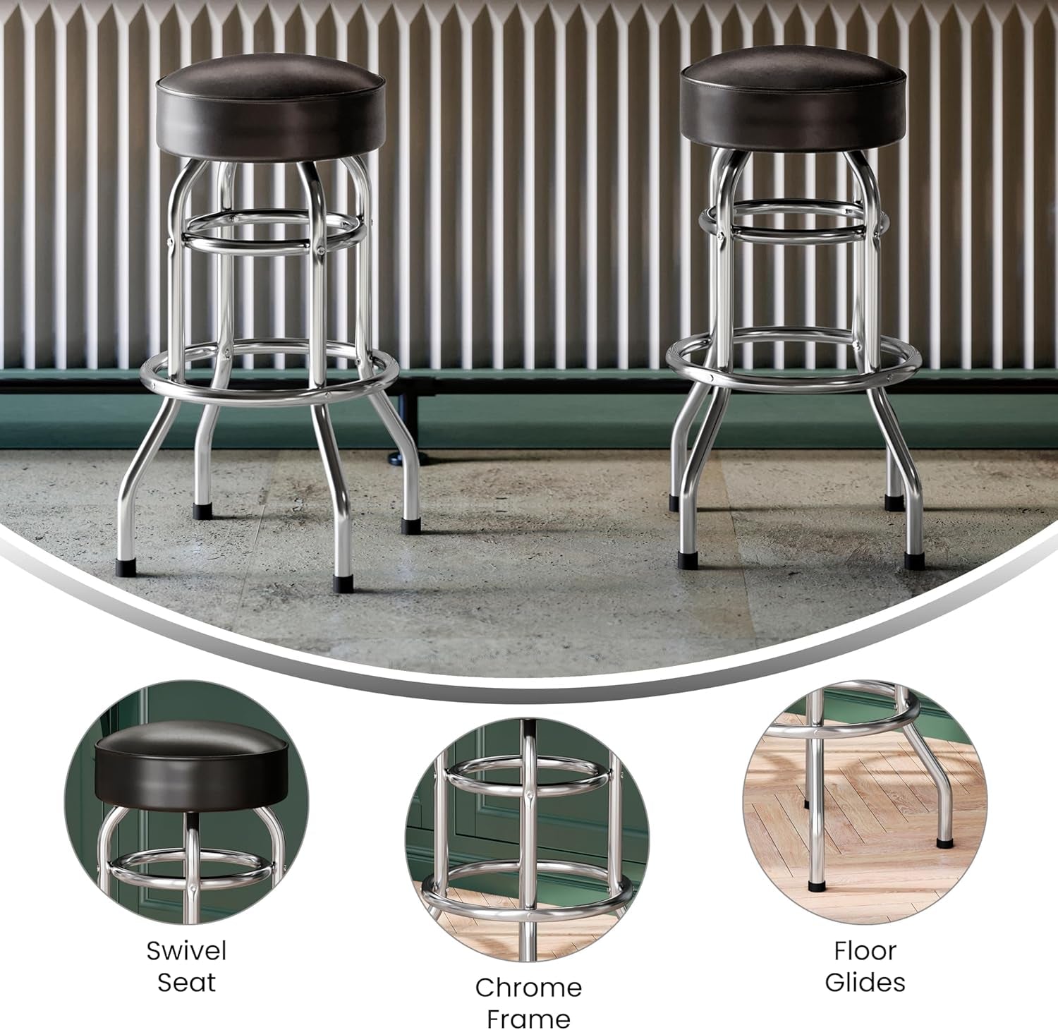 2 Pack Chrome Double Ring Bar Stools with Dark Brown Seats