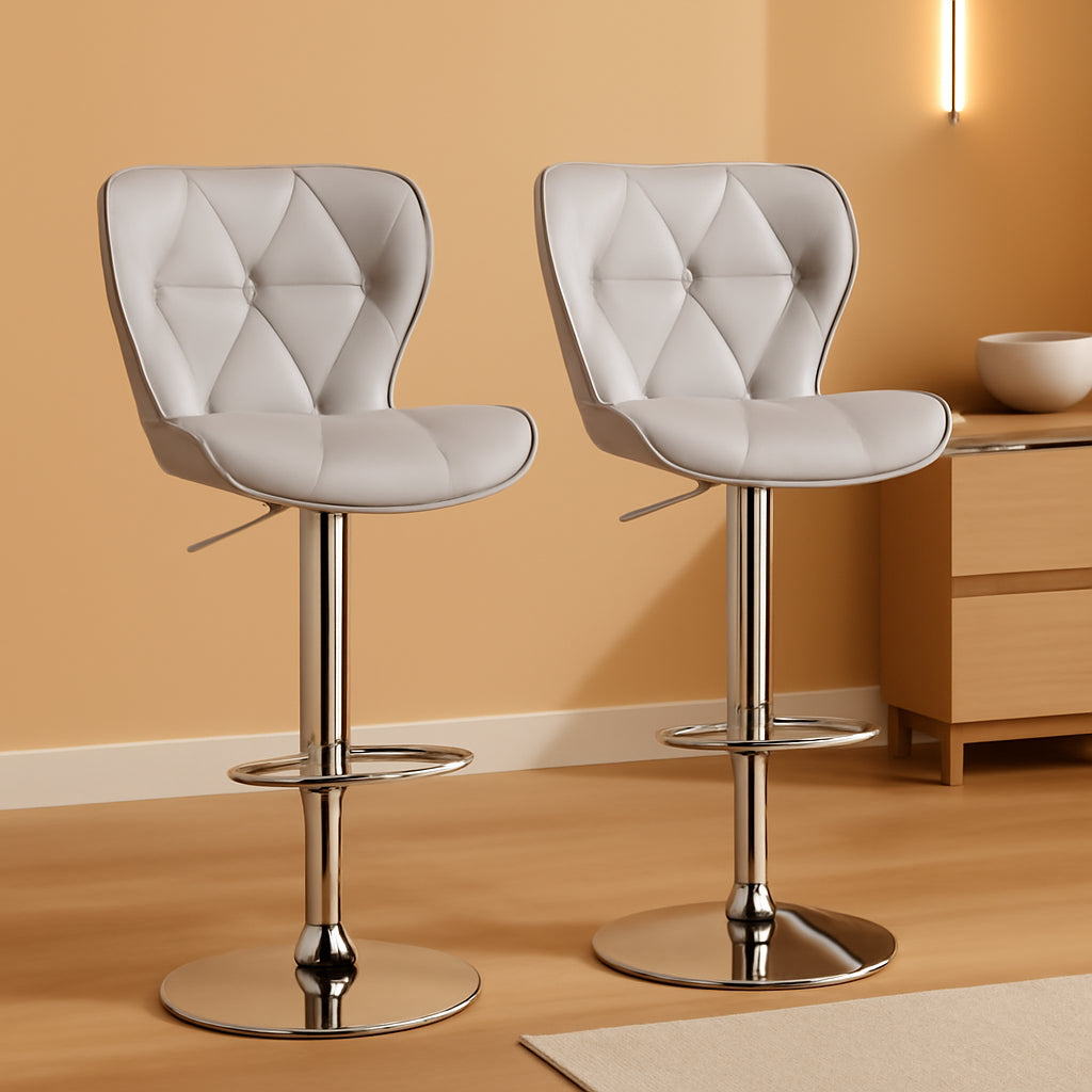 Bar Stools Set Of 2 Adjustable Swivel PU Leather Light Grey