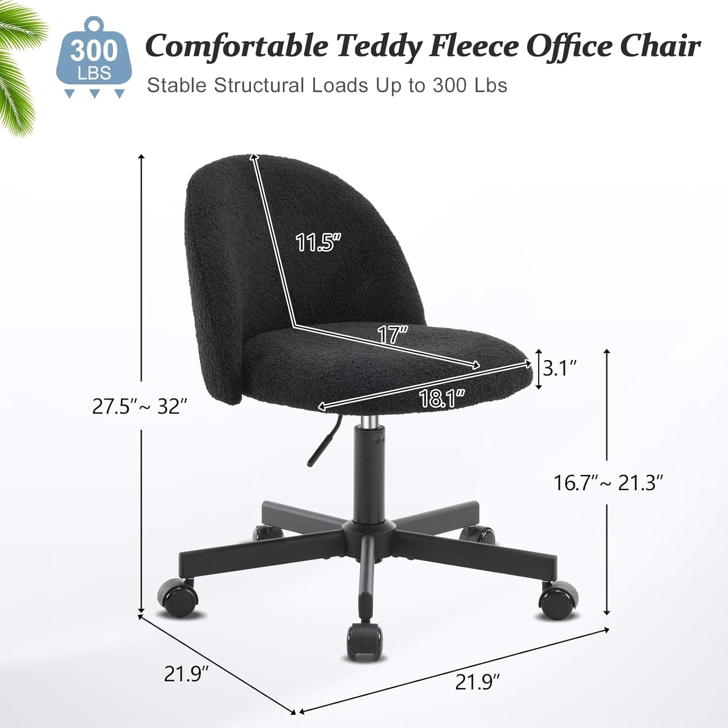 Candy Chair Jet Black Armless Desk Chair With Teddy Fleece