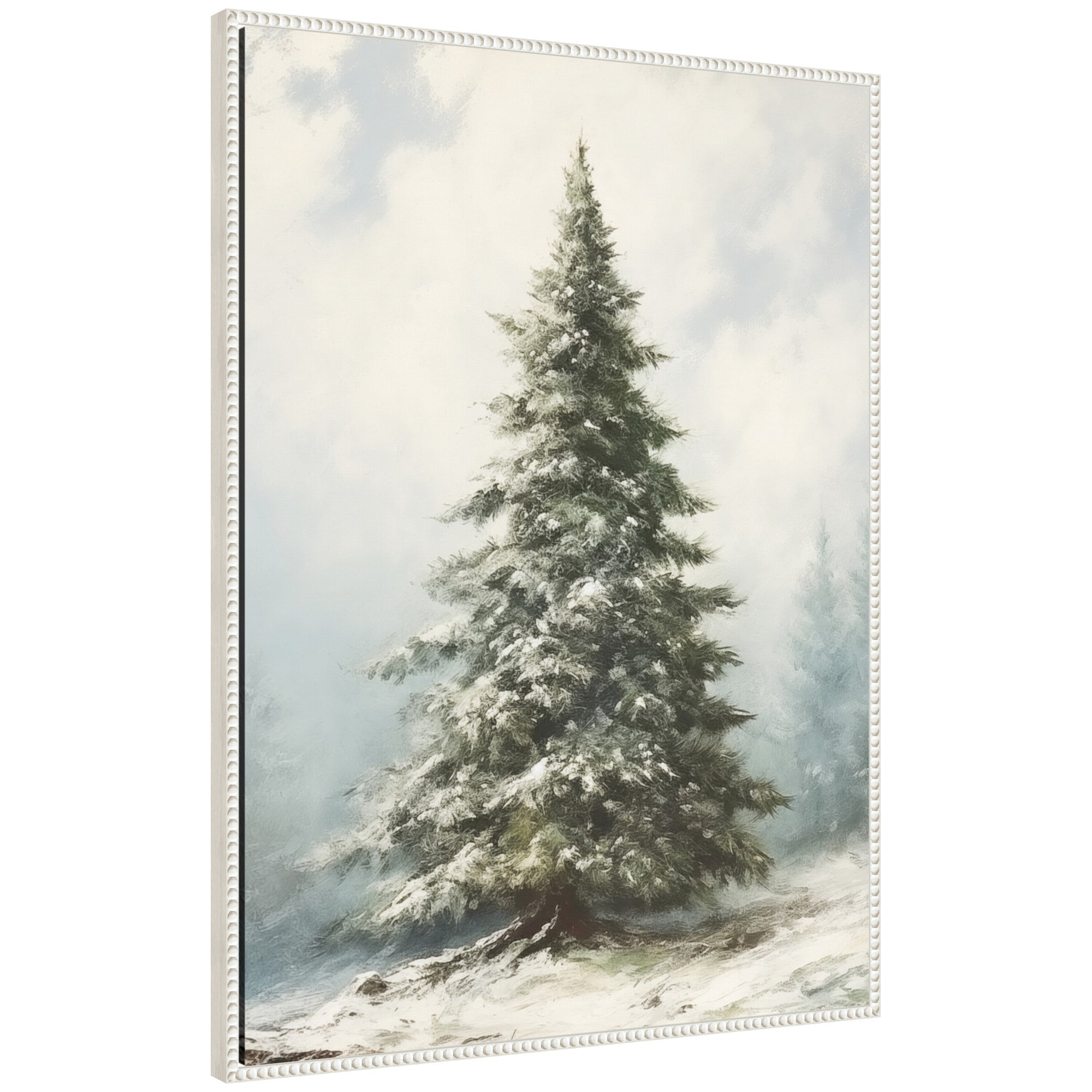 Sylvie Beaded Snow Covered Evergreen Fir Tree Framed Canvas by The Creative Bunch Studio