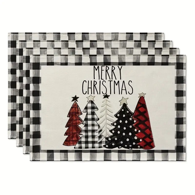 Set of 4 Buffalo Plaid Christmas Trees Placemats - Festive Winter Table Mats-0
