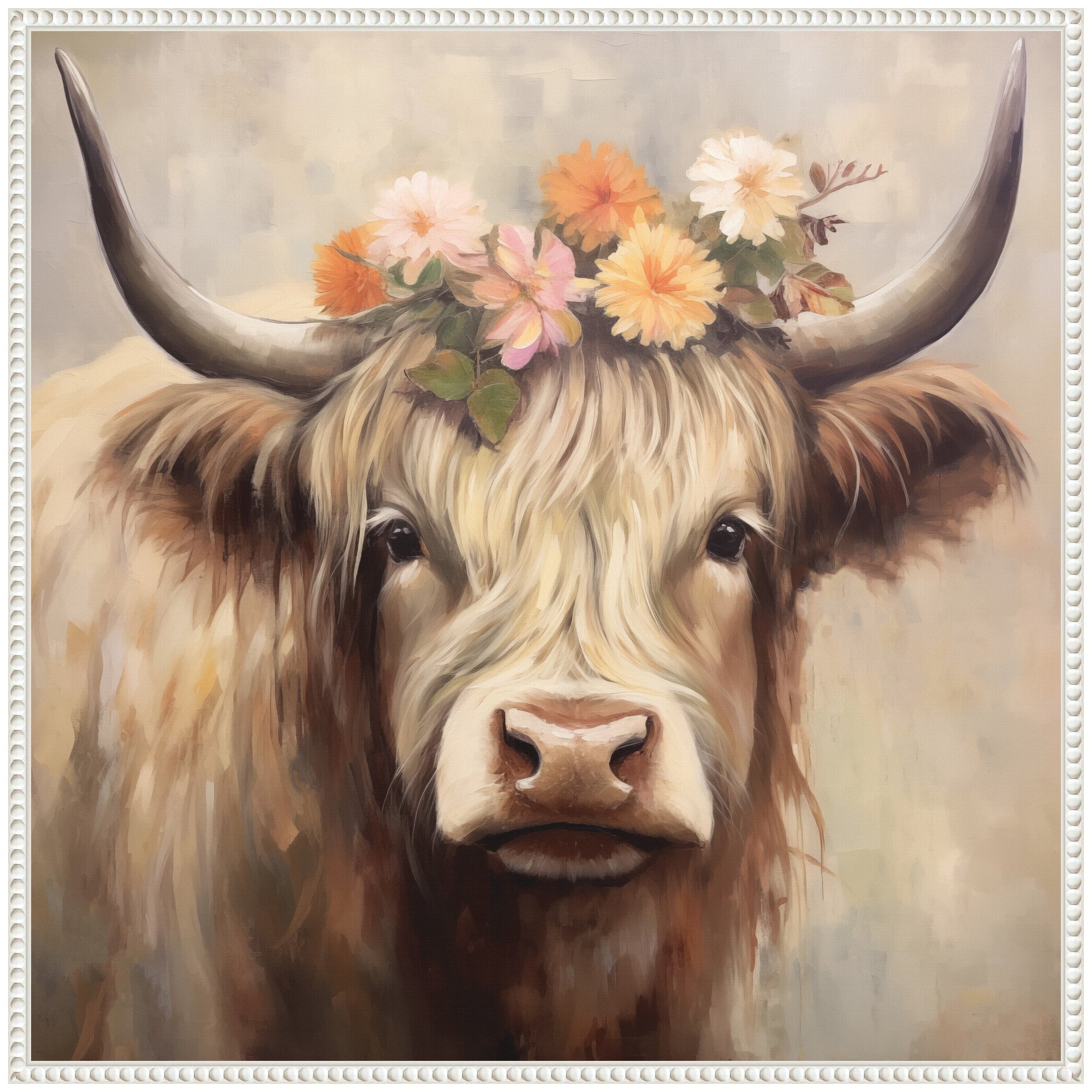 Sylvie Adorable Floral Boho Highland Cow Framed Canvas by The Creative Bunch Studio