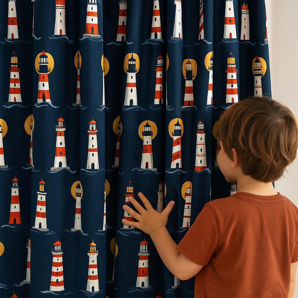 Lighthouse Navy Cotton Kids Curtains – Nautical Bedroom Drapes, Light-Filtering or 100 % Blackout-1