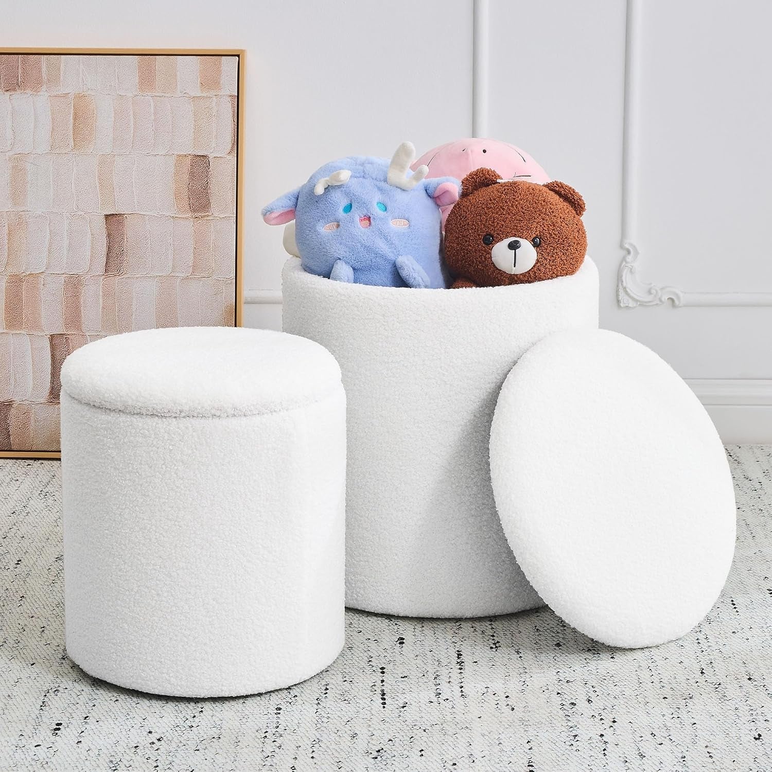White Round Boucle Velvet Upholstered Storage Ottoman