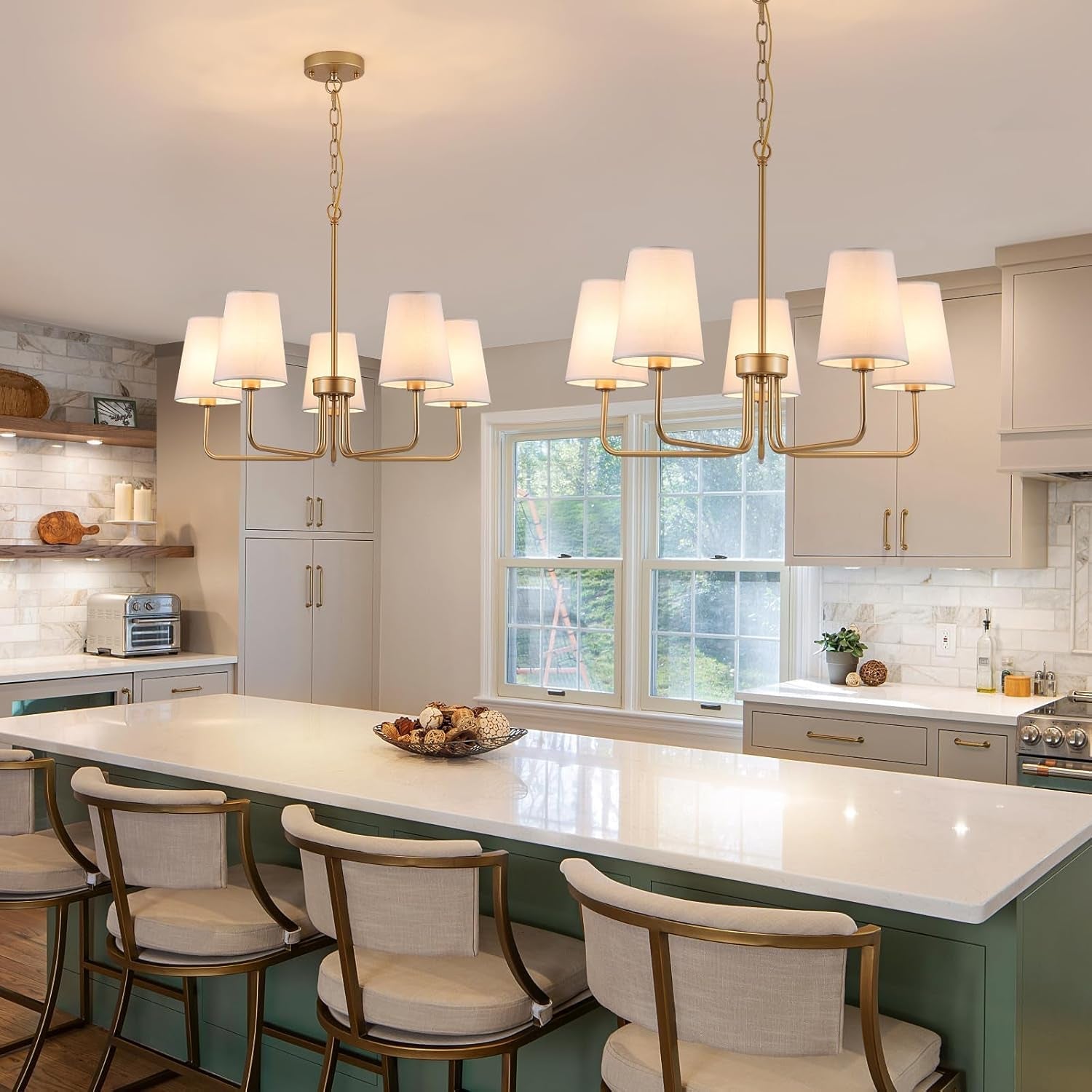 Farmhouse Five Light Gilded Chandelier White Shades-4