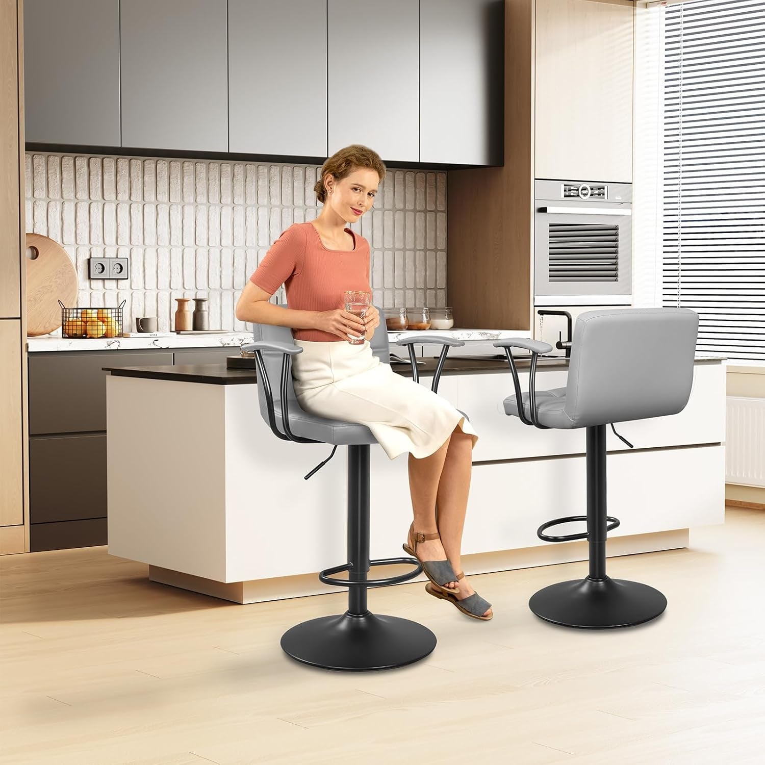 Bar Stools 2 Adjustable Swivel With Back Grey PU Leather