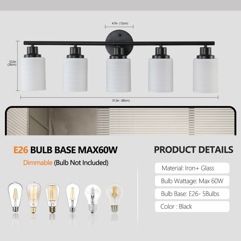 Vanity Light Fixture | 4/5/6/8-Light Bathroom Wall Sconce with Frosted White Glass & Iron Frame — Black, Chrome or Gold, 4 Sizes