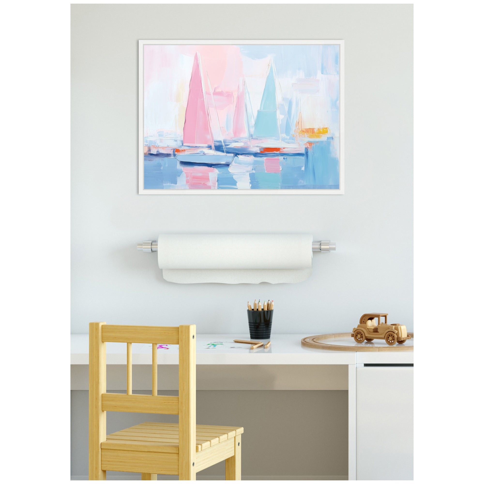 Sylvie Abstract Sailboat Harbor Landscape Pastel and Pops of Color Framed Canvas by The Creative Bunch Studio