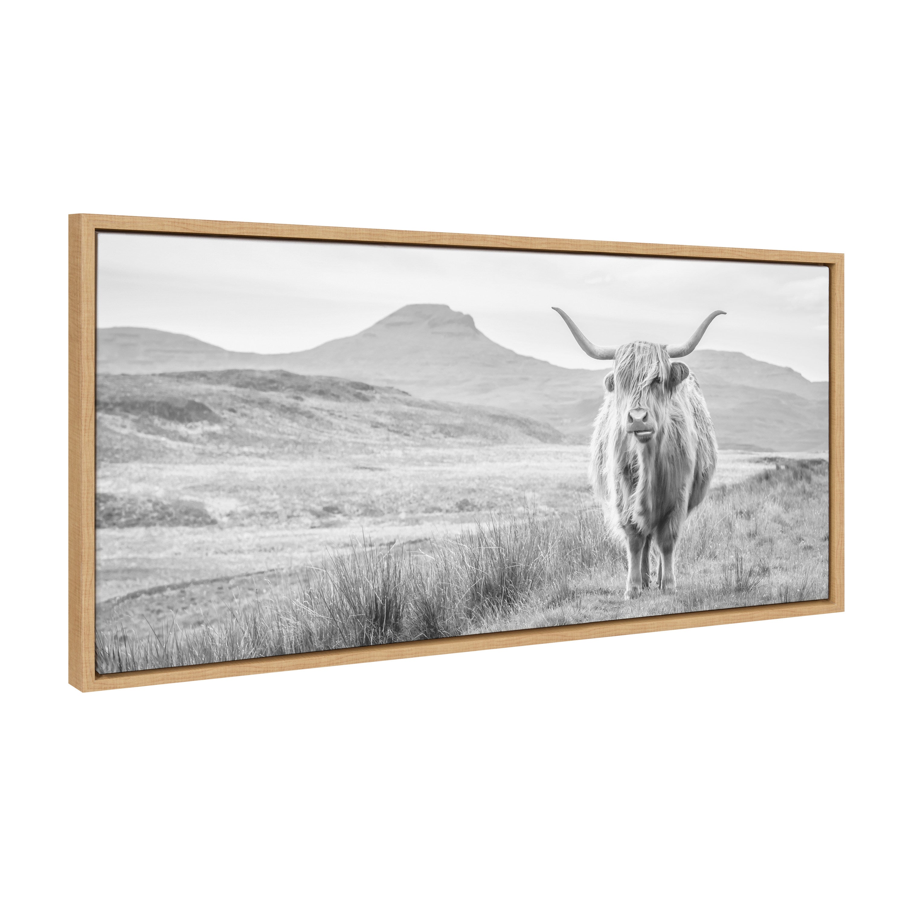 Sylvie Highland Cow Mountain Landscape Black and White Framed Canvas by The Creative Bunch Studio