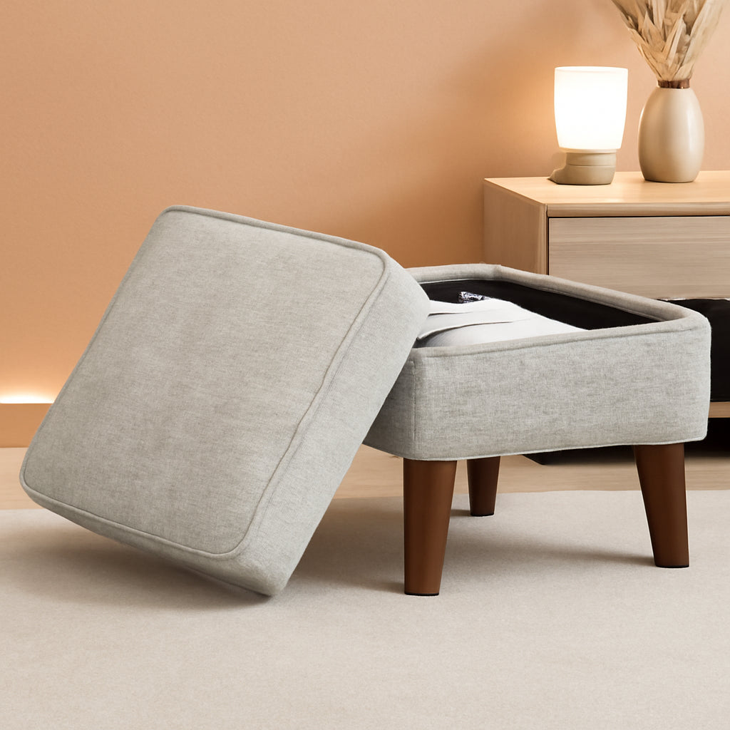 Beige Upholstered Storage Ottoman With Removable Lid