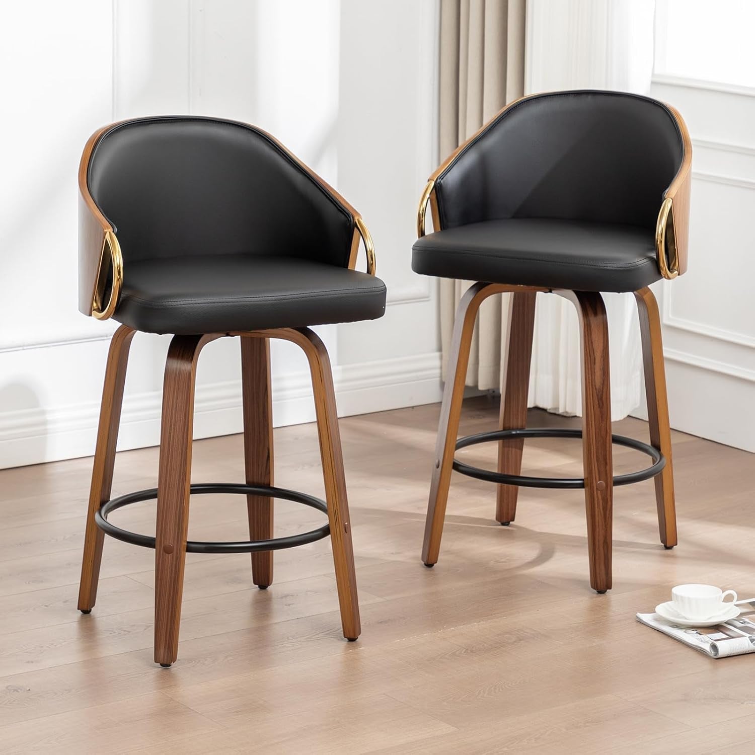 26 Inch Swivel Barstools Set of Two Black Leather