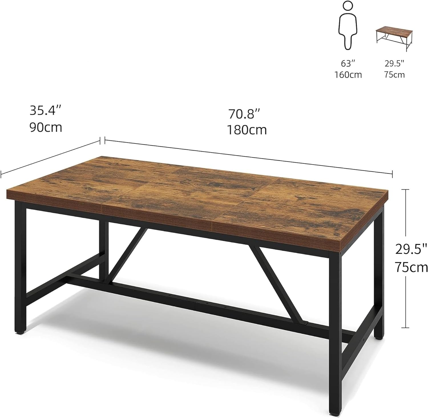 70.8 Inch Rustic Brown Farmhouse Dining Table For 6 To 8 People