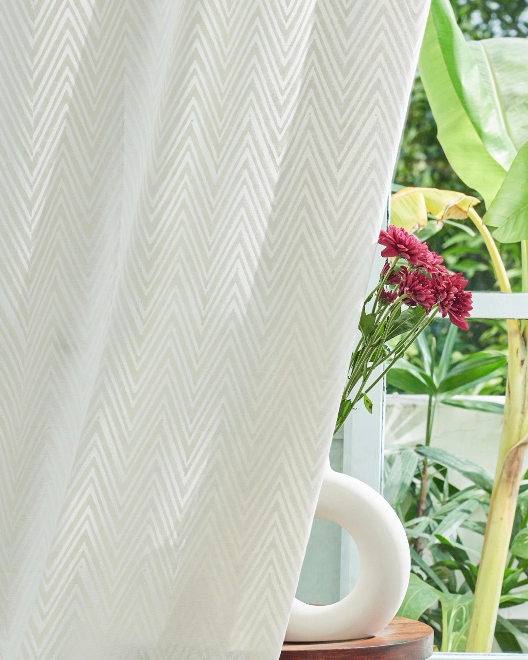 Off-White & Grey Hand Block Printed Linen Curtains | Chevron Pattern-2