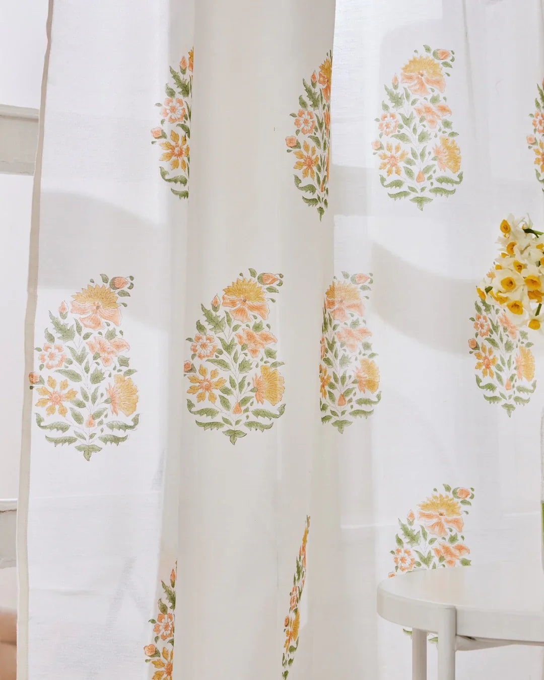 White & Yellow Hand Block Printed Linen Curtains | Floral Bouquet Design-1