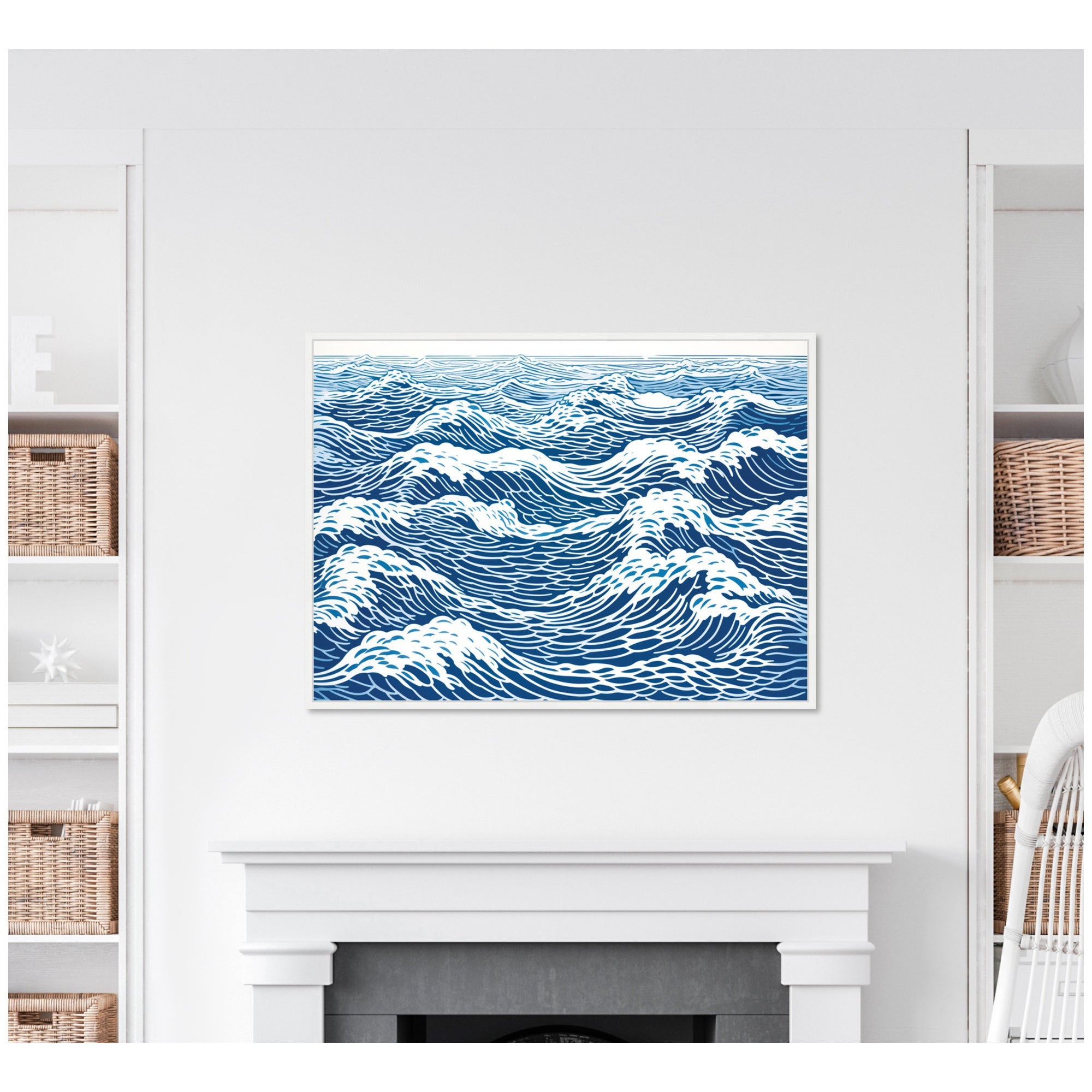 Sylvie Linocut Abstract Waves Blue and White Framed Canvas by The Creative Bunch Studio