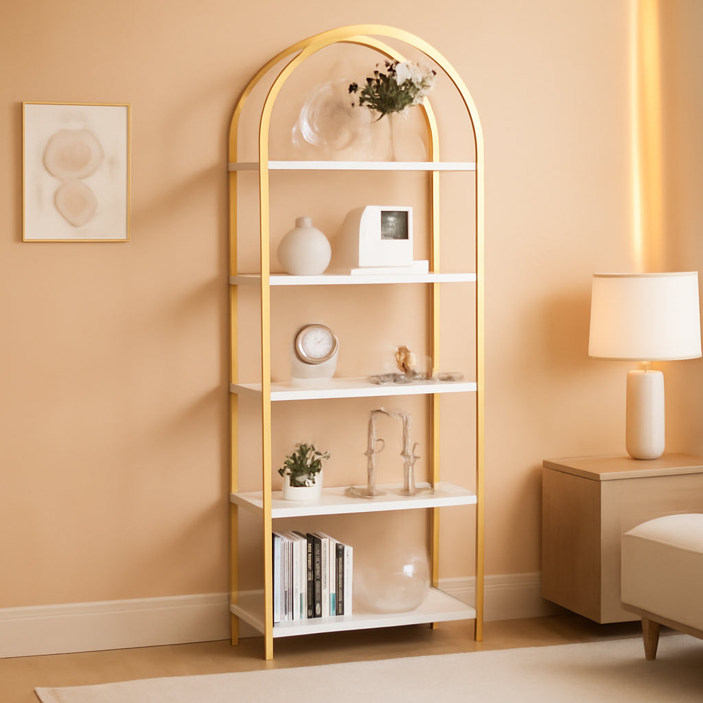 5 Tier Bookshelf Arched Display White Gold Metal Frame Bookcase-0