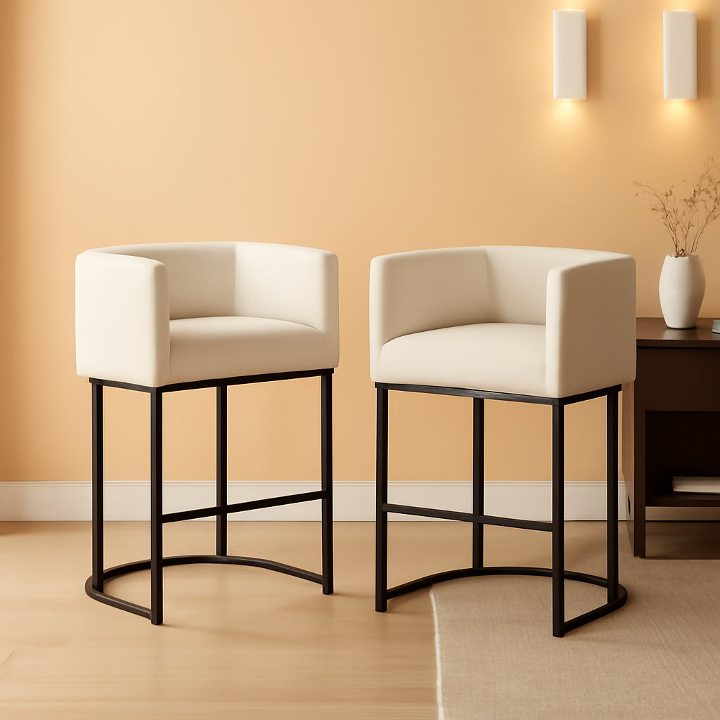 27 Inch Counter Height Bar Stools Set Of 2 With Backrest And Armrests Beige Linen Upholstery Black Metal Frames