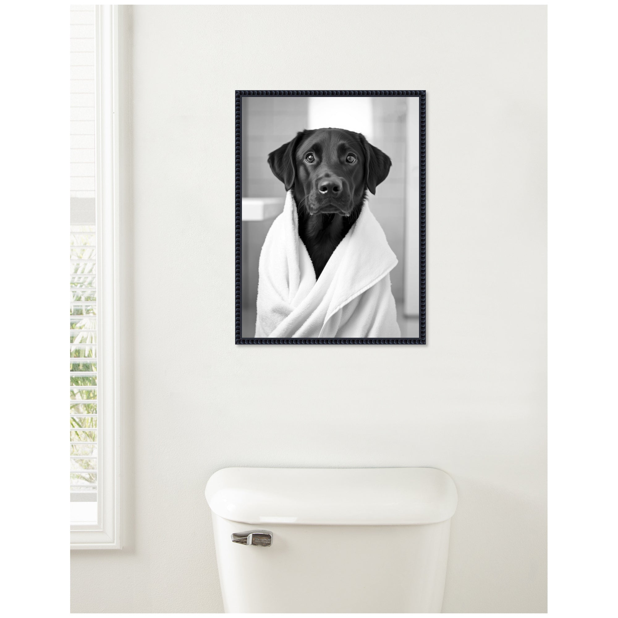 Sylvie Black Lab Bathroom Art Towel Robe Black and White Framed Canvas by The Creative Bunch Studio