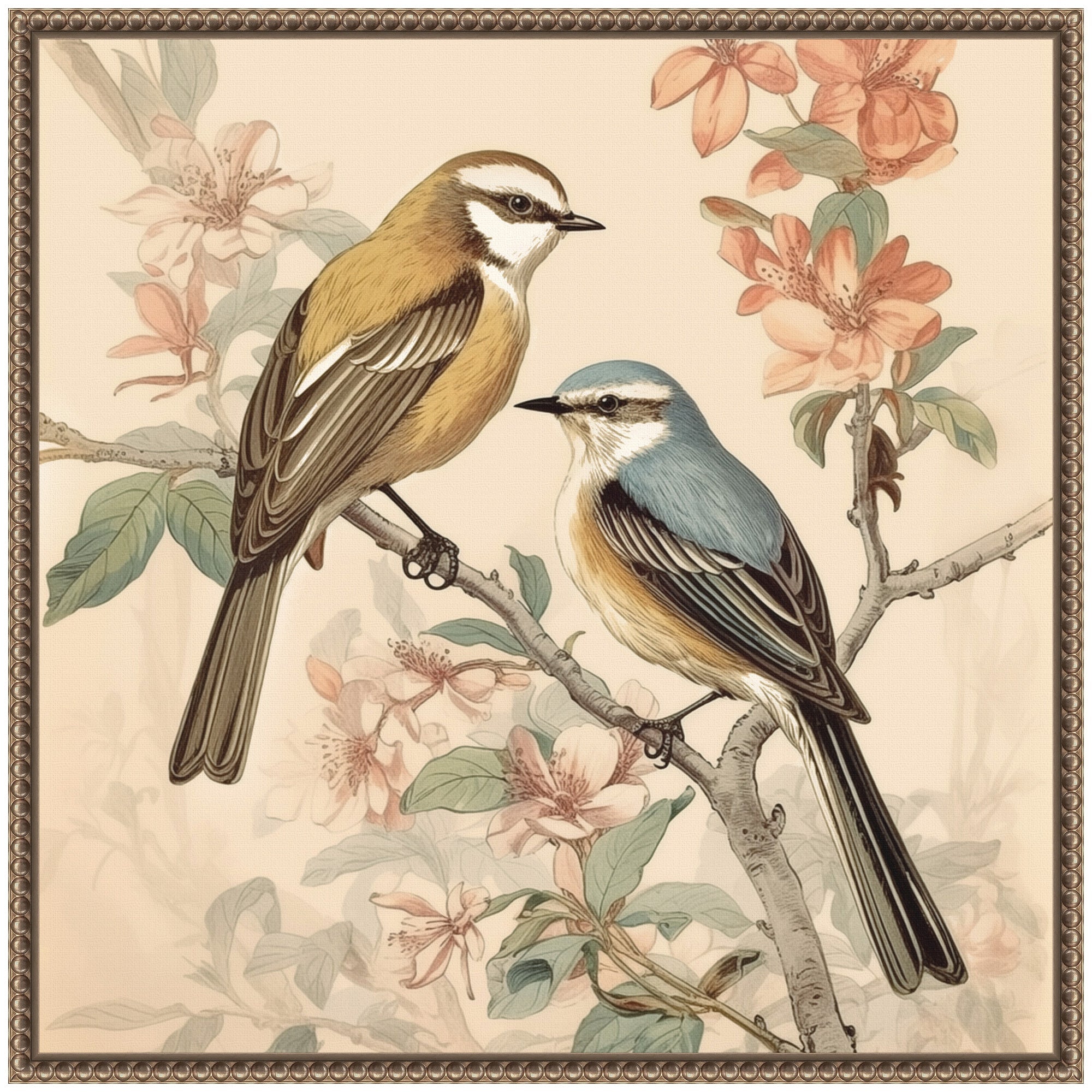 Sylvie Vintage Style Birds and Botanicals Framed Canvas by The Creative Bunch Studio
