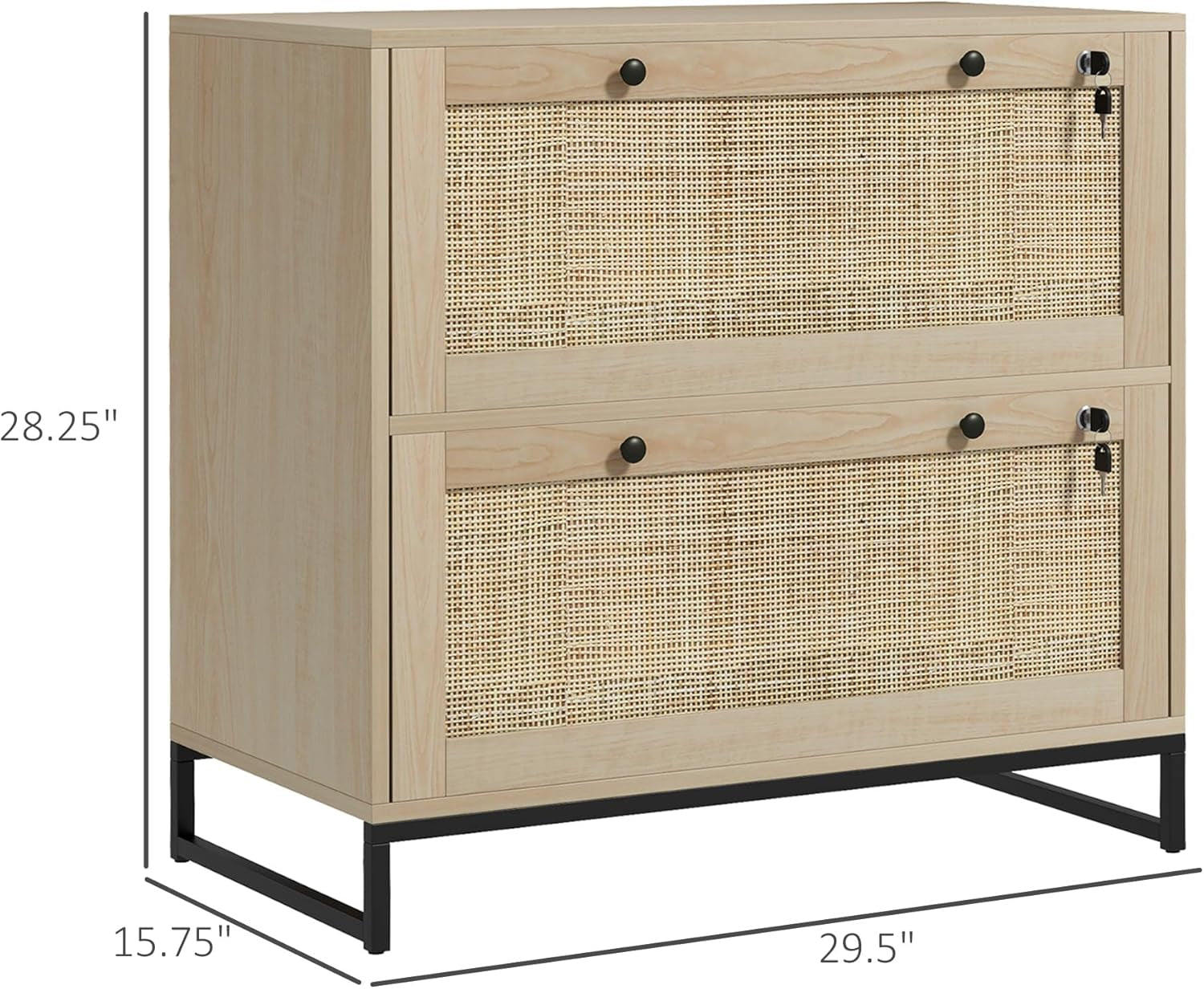 Two Drawer Rattan File Cabinet With Lock, Printer Stand And Adjustable Bars For Letter A4 Legal Files Natural Finish