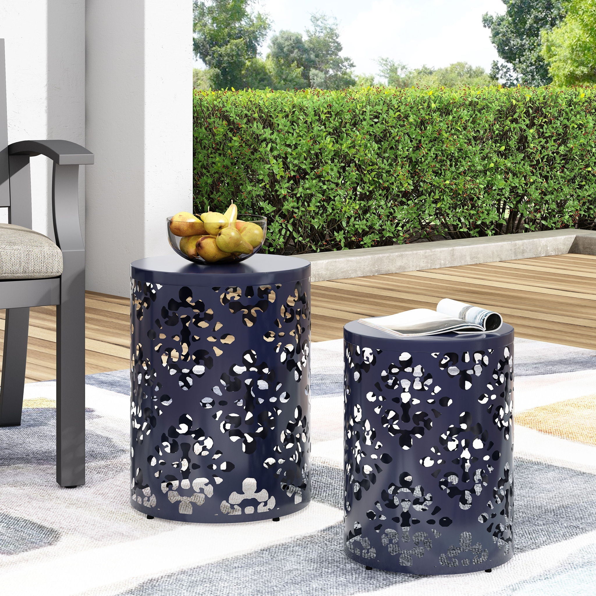 Modern Iron Cut Design End Table Set of 2 - Navy Blue