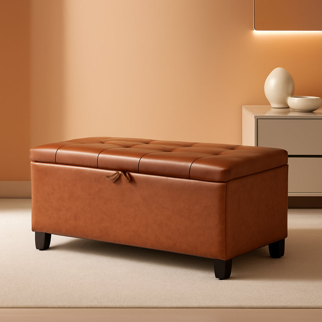Storage Ottoman Tufted Leather Reddish Brown Bench