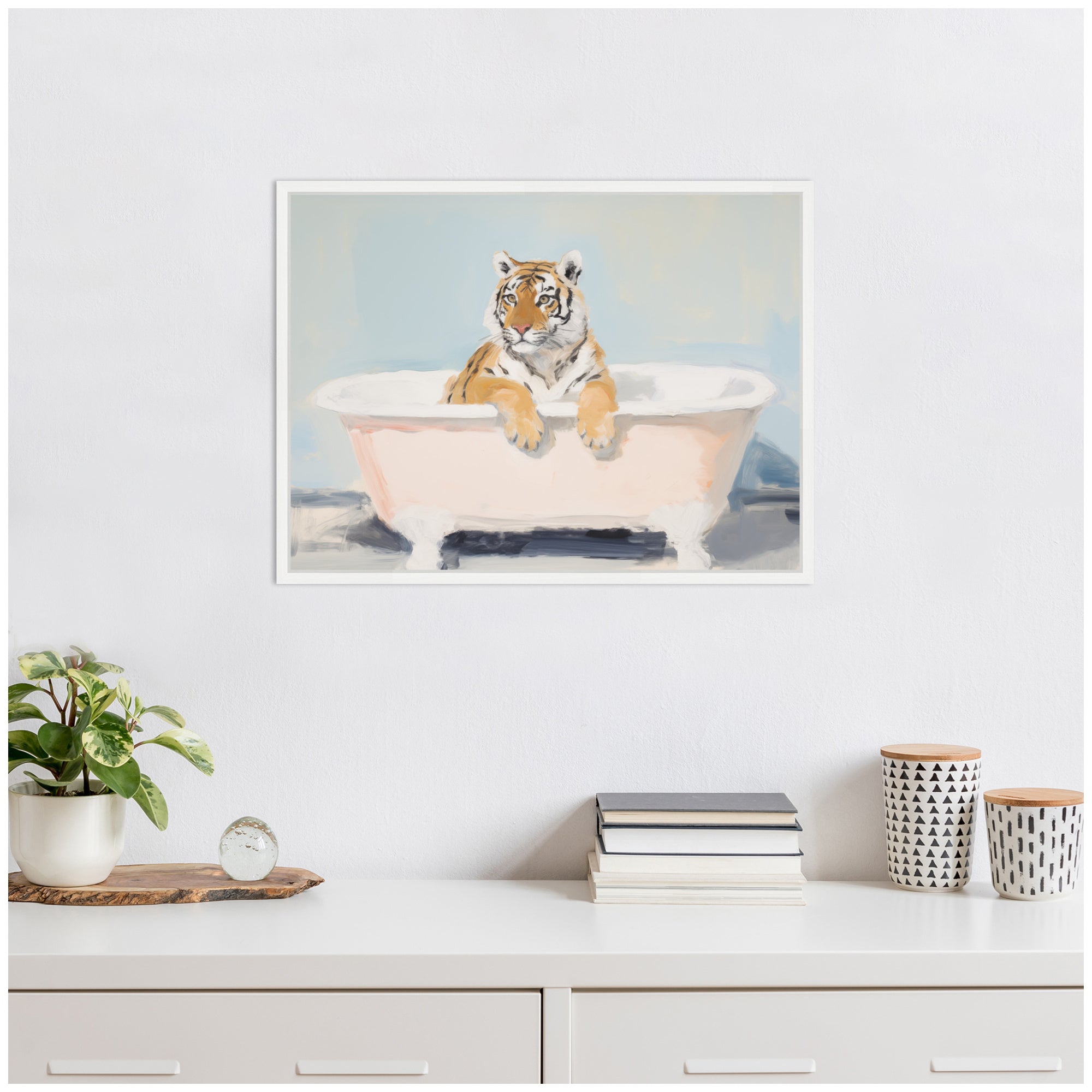 Sylvie Charming Boho Cottage Farmhouse Tiger in Bathtub Framed Canvas by The Creative Bunch Studio