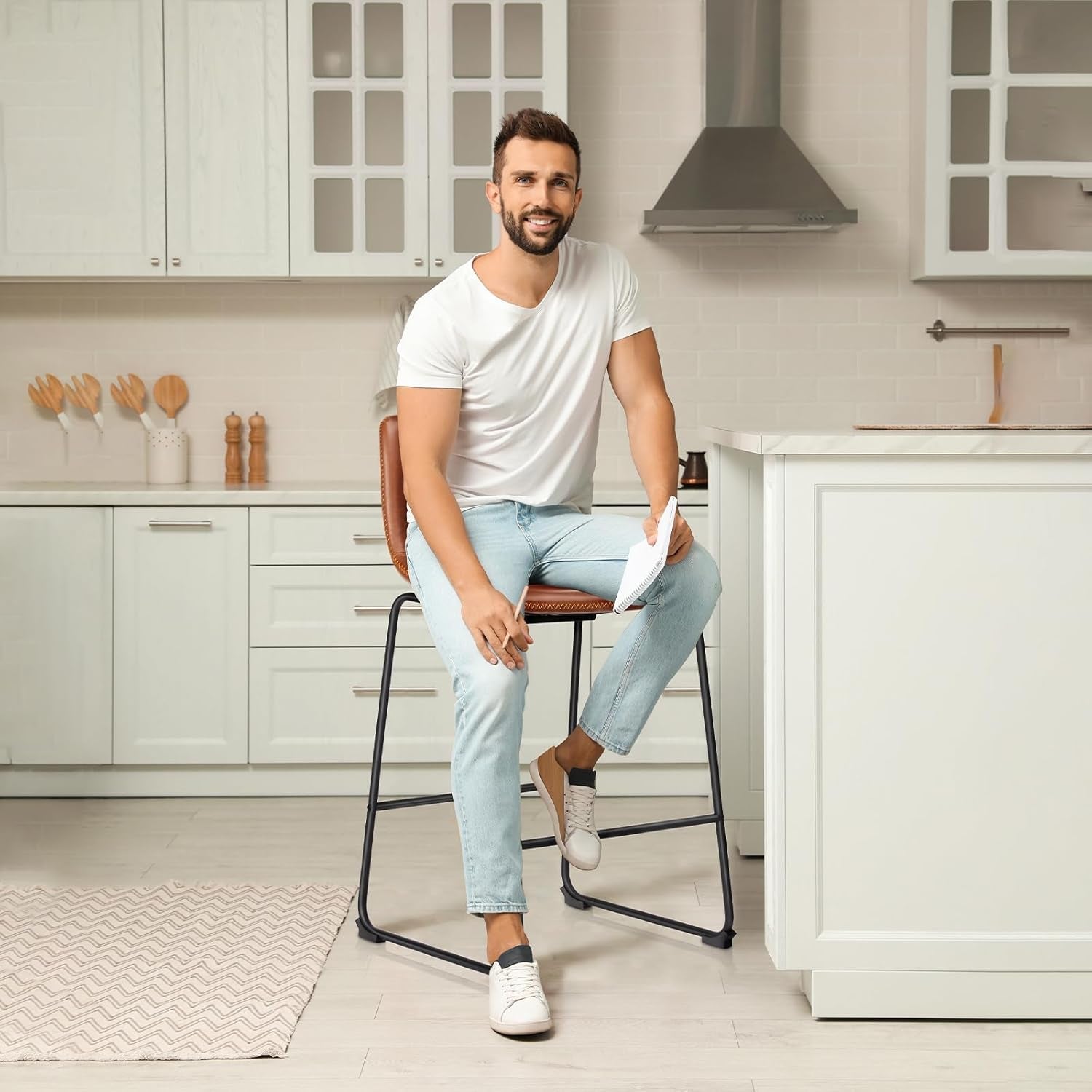 26 Inch Counter Height Bar Stools Set Of 4 With Back Brown Faux Leather And Metal Legs