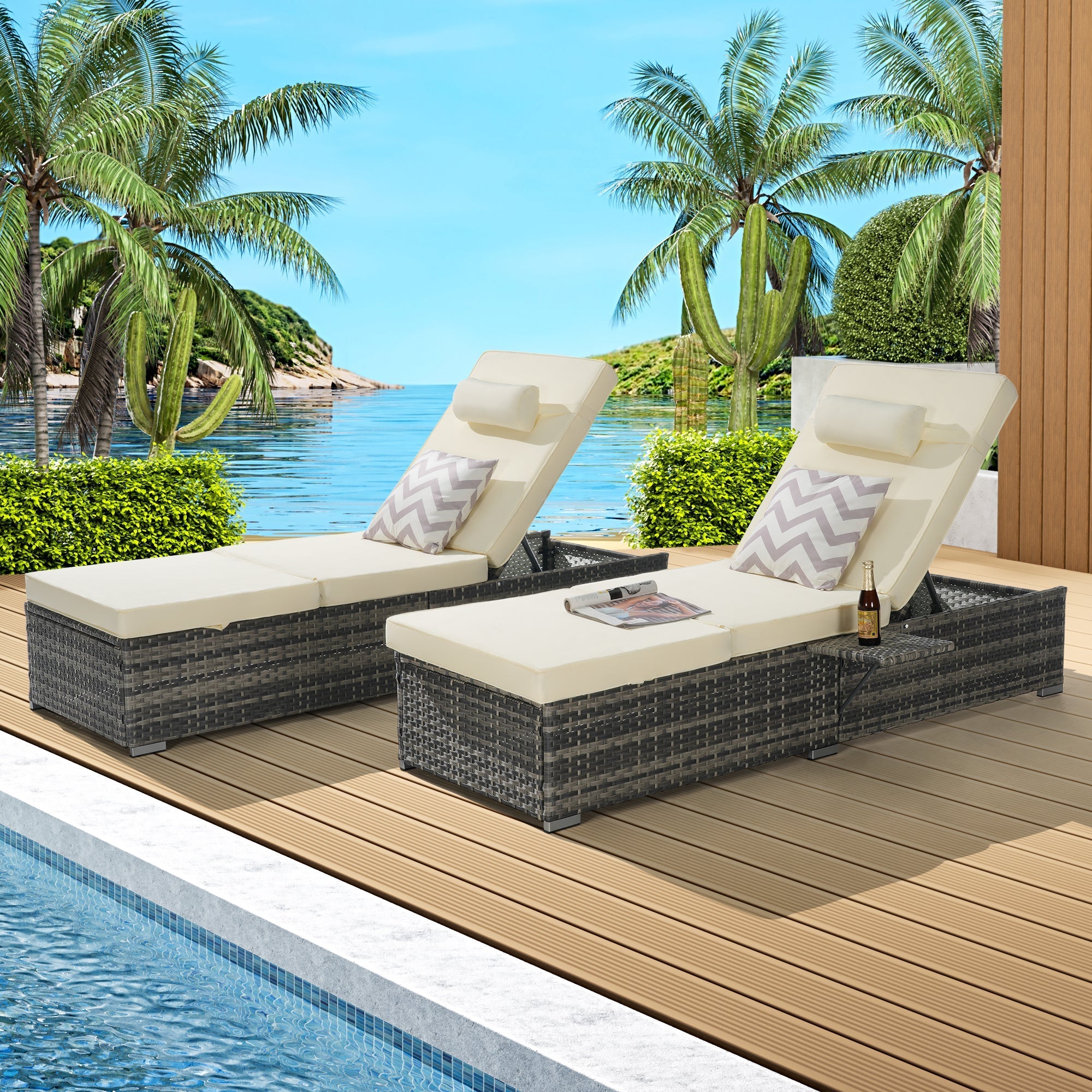 Outdoor Chaise Lounge Chair Set of 2 with Storage and Cushions