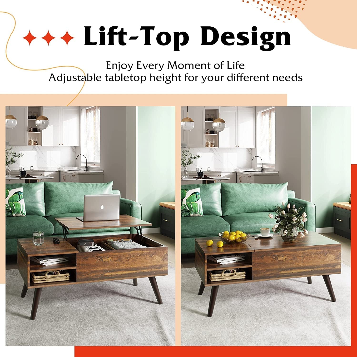 Rustic Brown Lift Top Coffee Table With Built In Storage