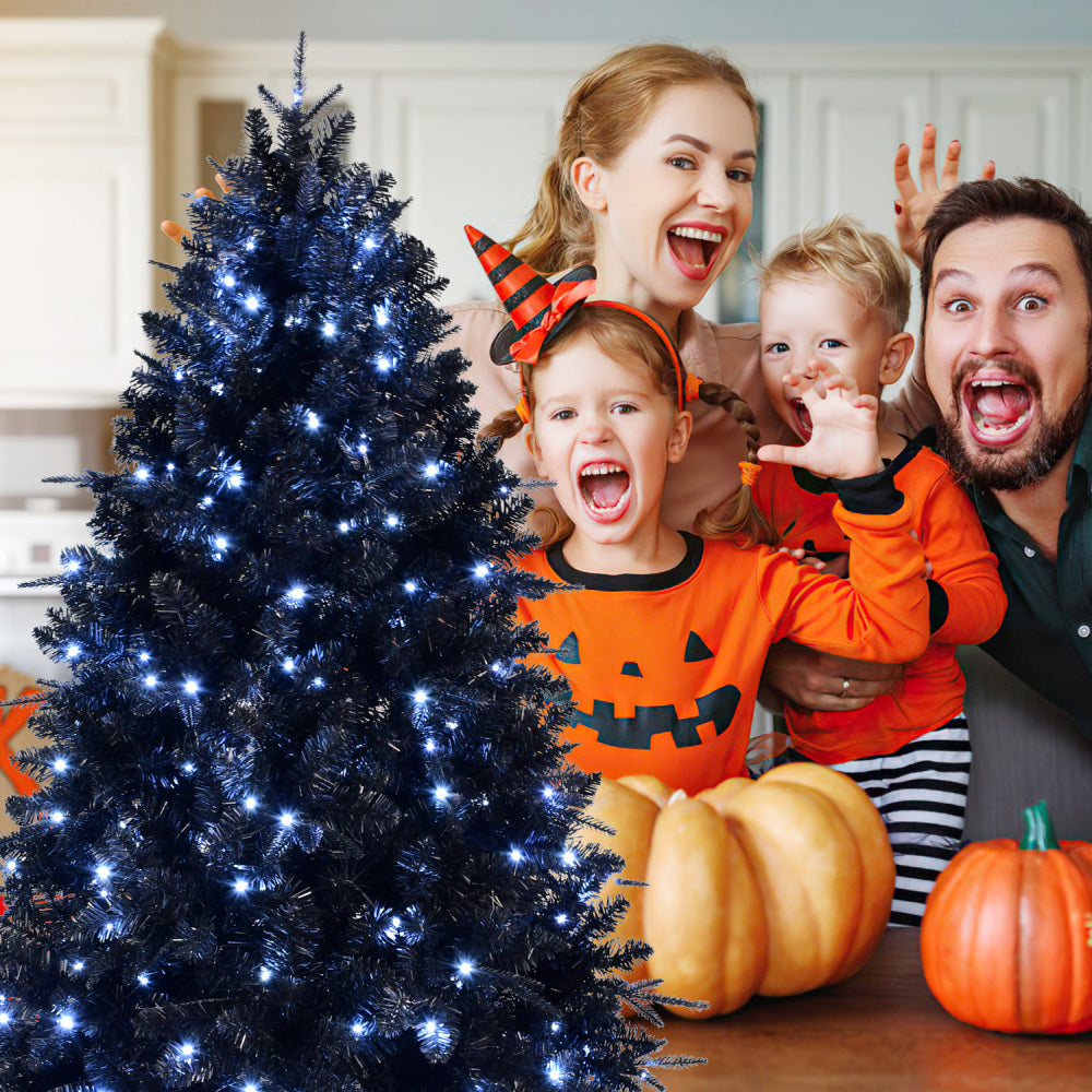 5 FT Black Christmas Tree with 250 White LED Lights | 1076-Tip PE+PVC Pre-Lit Artificial Tree for Halloween & Holiday Decor — Metal Stand Included