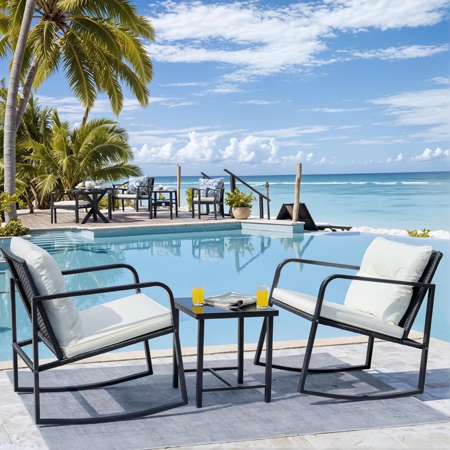 Patio Set 3 Piece White Wicker Rocking With Coffee Table